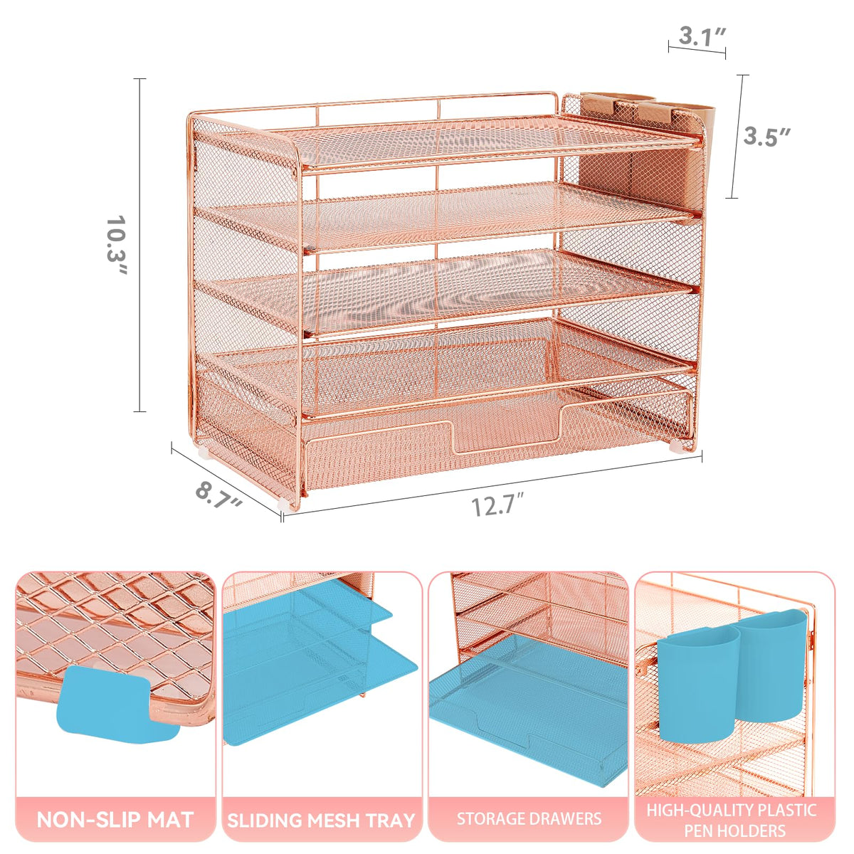 LEKETREE Desk Organizer and Accessories, 5-Tier Paper Letter Tray Organizer with Drawer & 2 Pen