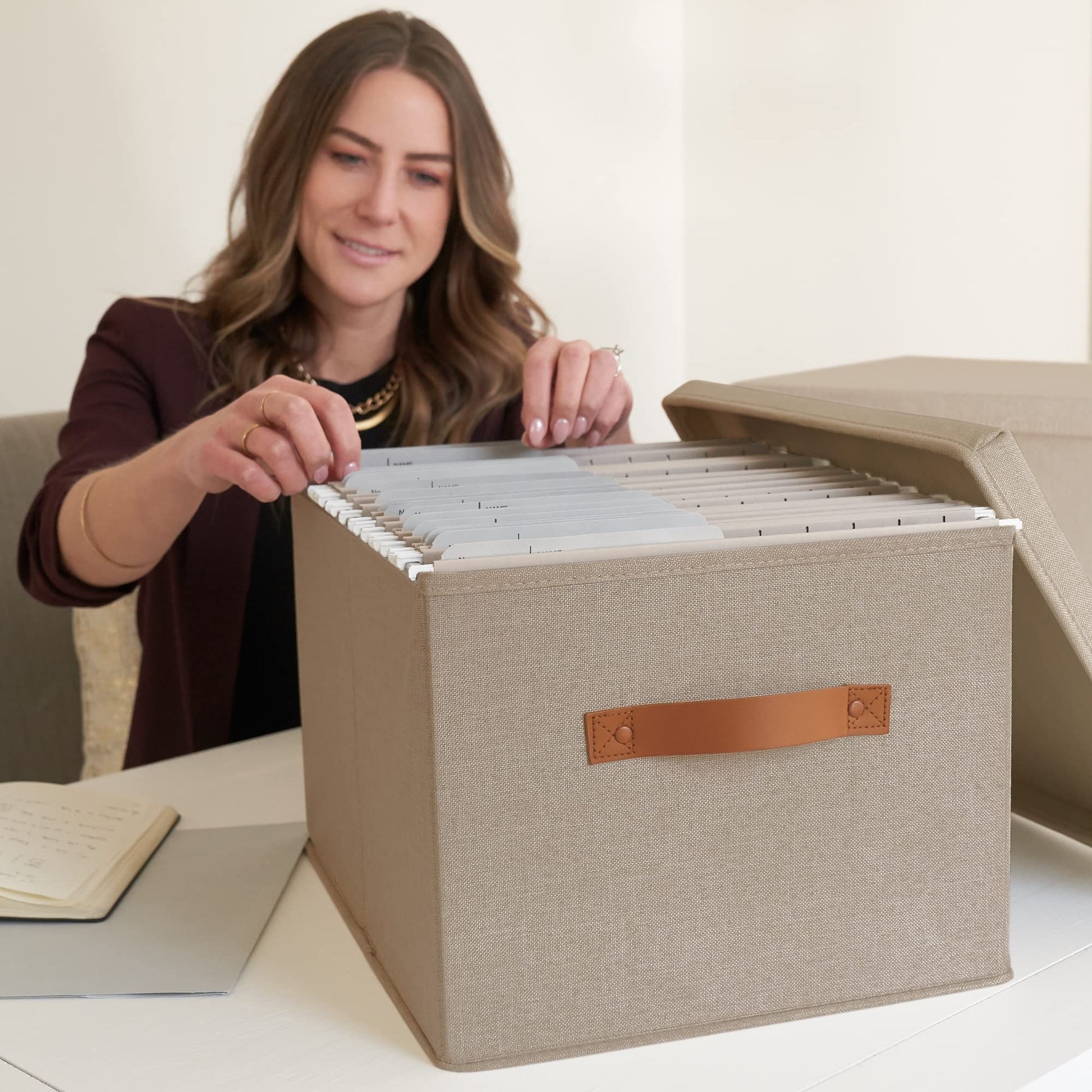 Decorative File Organizer Box Set of 2 - Collapsible Linen Filing Cabinets