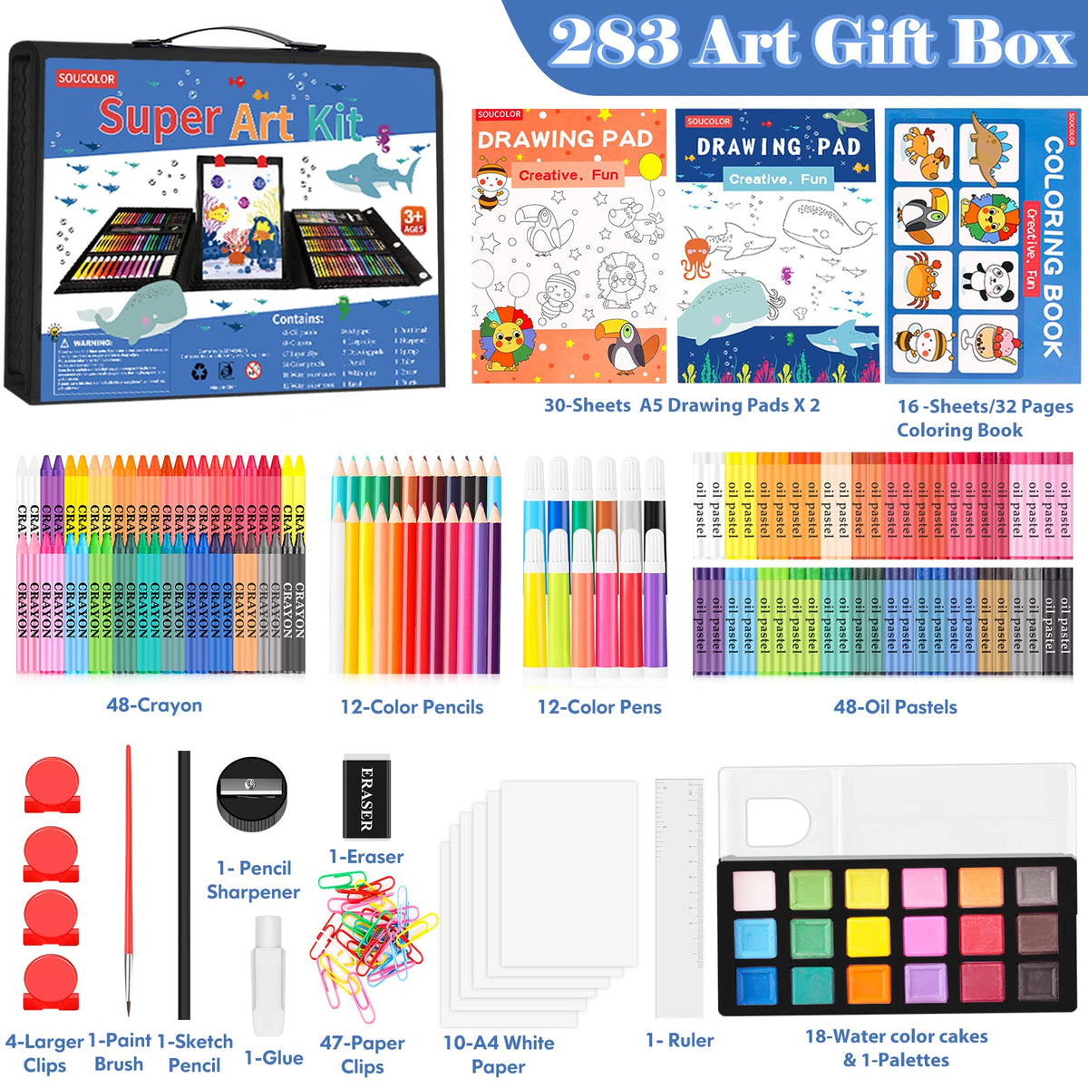 Soucolor 283 Pcs Art Supplies Drawing Set Easel Pads, Coloring Book Gift
