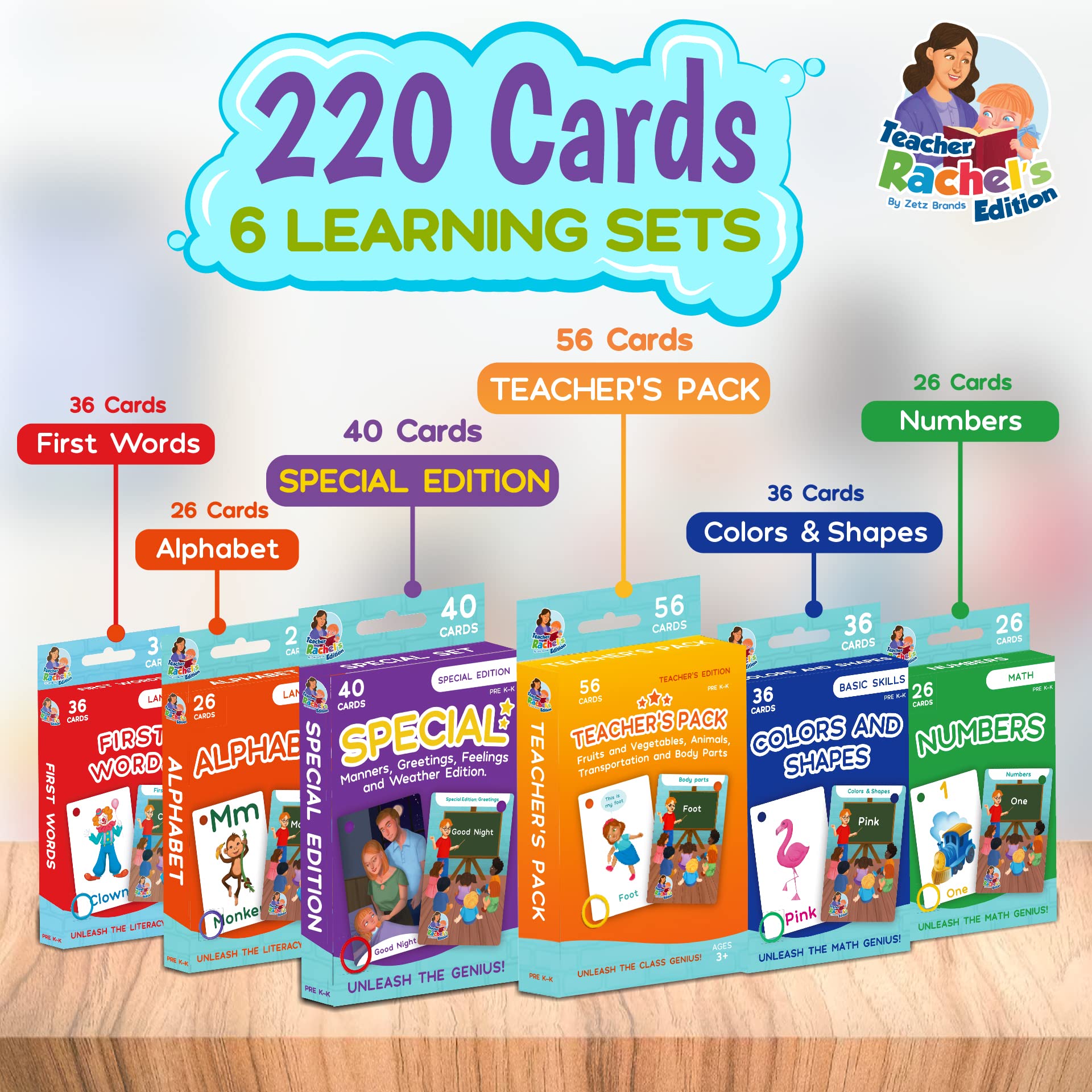 Teacher Rachel's Educational Flash Cards for Toddlers - Set Of 5 184 Cards Pre K-K Mega Flashcards