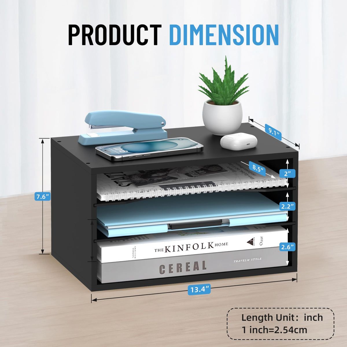 3-Tier Paper Organizer for Desk, Adjustable Mail Organizer, Black