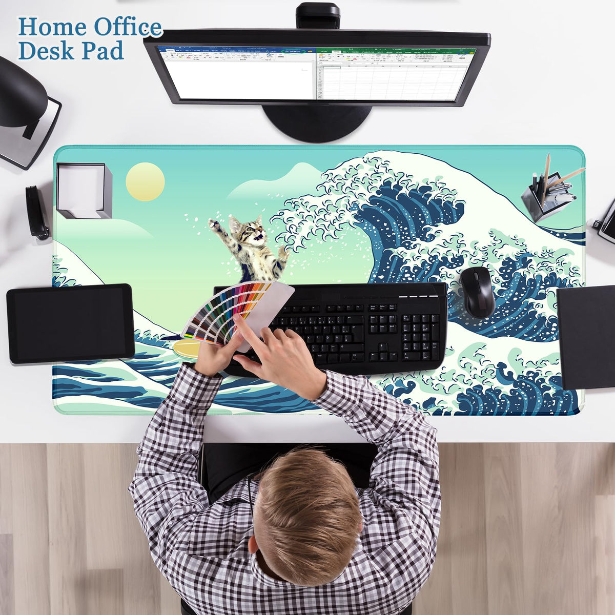 Funny Cat Desk Mat, Desk Matt for Desktop, Surfer Cat DeskPad Mat, XXL Large Mouse Pad for Desks