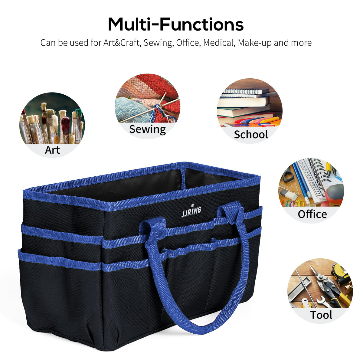JJRING 600D Nylon Craft & Art Organizer Tote Bag With Pockets, Blue