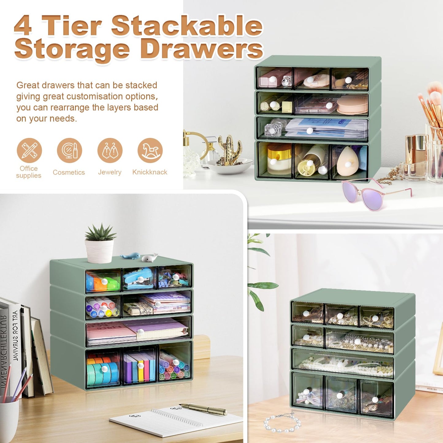 MYKASEN Desk Organizer with 9 Drawers, 4 Tier Plastic Stackable Storage Drawers for Desk Storage