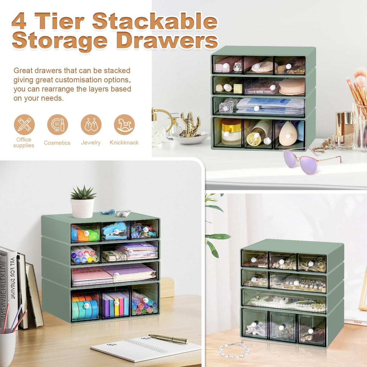 MYKASEN Desk Organizer with 9 Drawers, 4 Tier Plastic Stackable Storage Drawers for Desk Storage