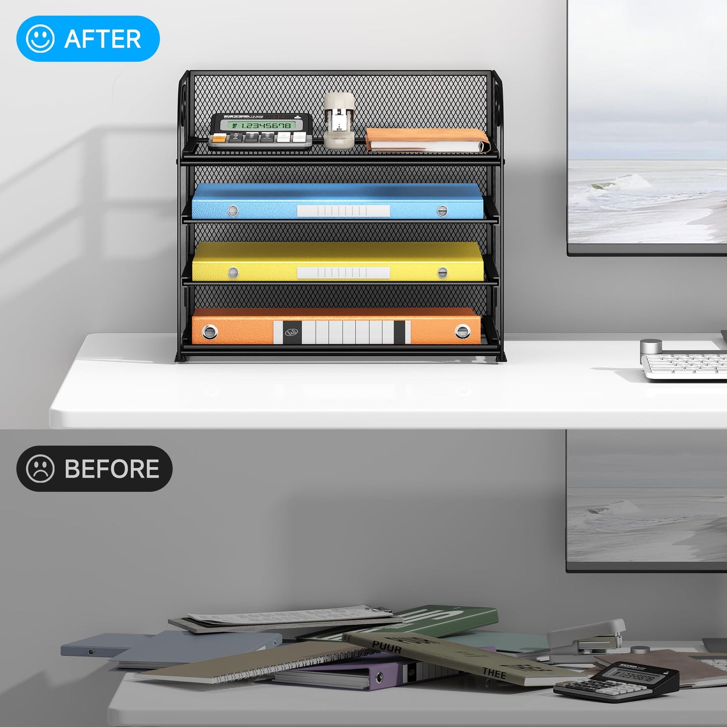 Lavatino Paper Organizer for Desk, 4-Tier Desk Organizer Tray, Mesh Desktop File Organizers with