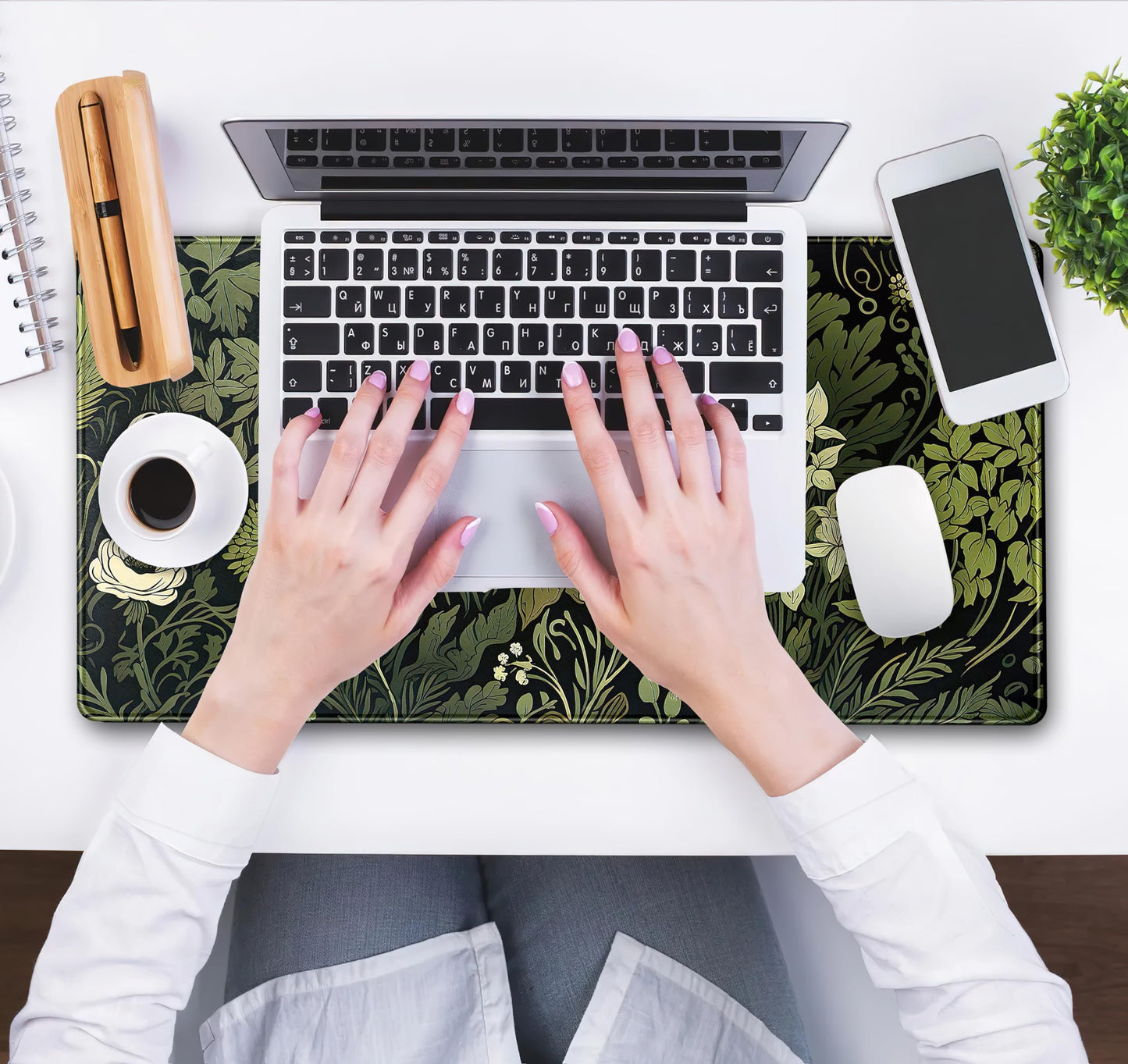 Green Leaves Beige Plants Pad, Large Extend Mouse Pad XXL, Freshness Foliage Keyboard Mat, Black