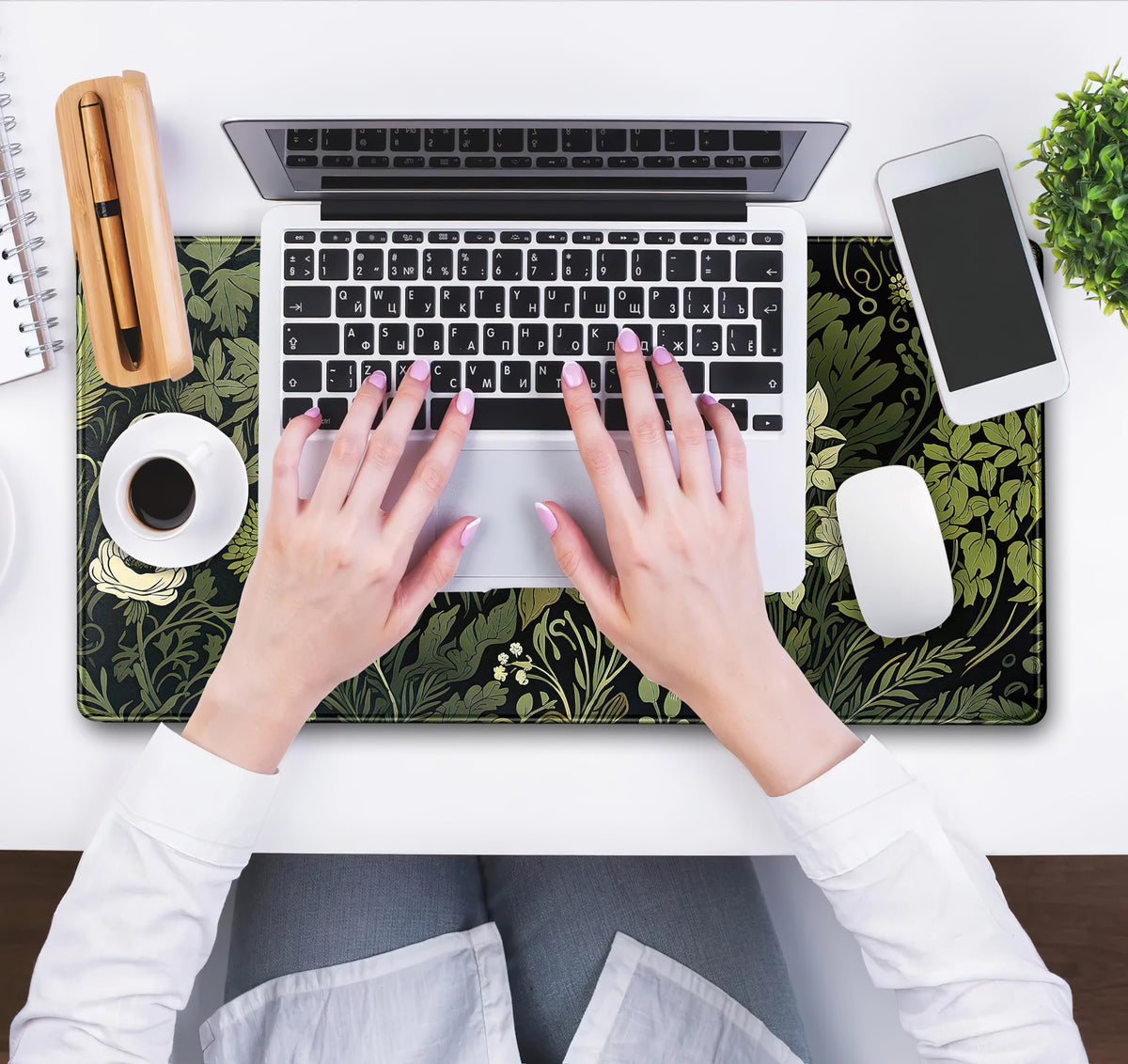 Green Leaves Beige Plants Pad, Large Extend Mouse Pad XXL, Freshness Foliage Keyboard Mat, Black