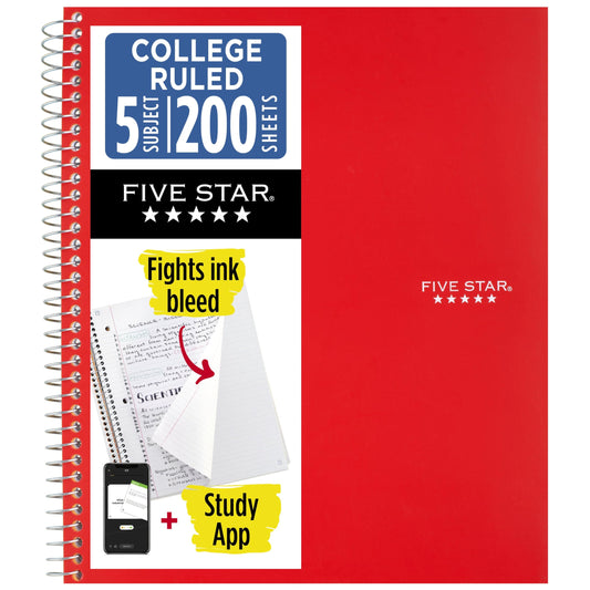 Five Star Spiral Notebook + Study App, 5 Subject, College Ruled Paper, 8-1/2" x 11", 200 Sheets