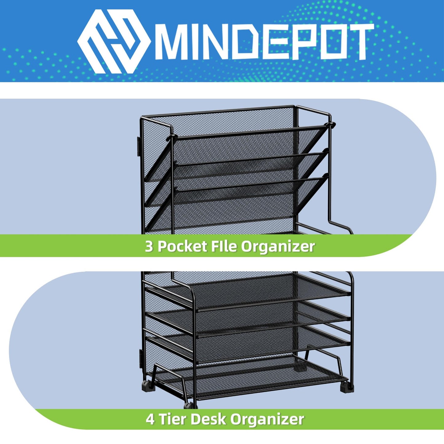 MINDEPOT 4-Tier Paper Organizer + 3-Pocket File Holder + Drawer + Pen Holders, Desktop File