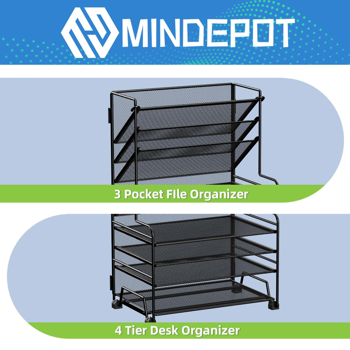 MINDEPOT 4-Tier Paper Organizer + 3-Pocket File Holder + Drawer + Pen Holders, Desktop File