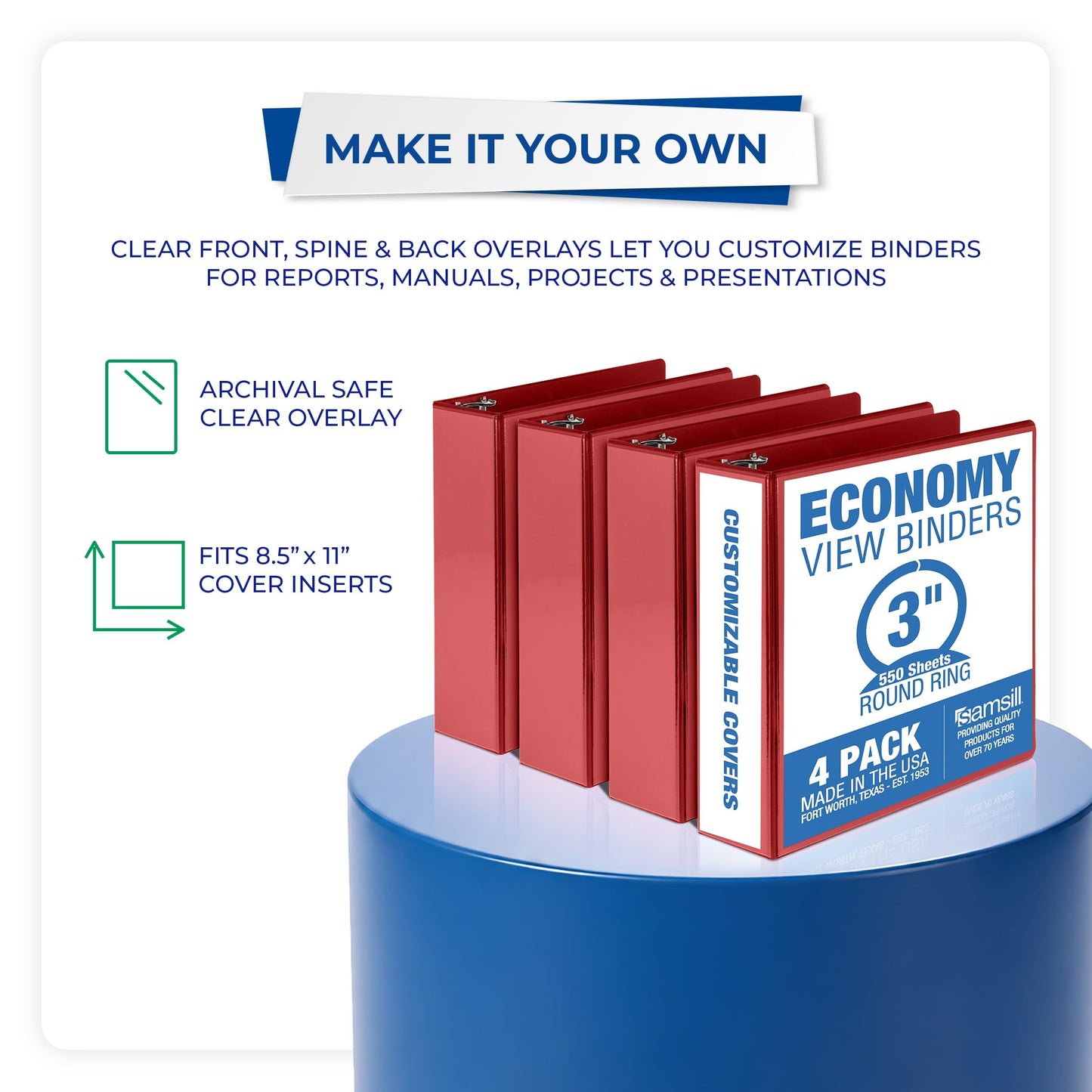 Samsill 3 Inch 3 Ring Binders, Economy Round Ring, Clear View Cover, 550 Sheet Capacity - for