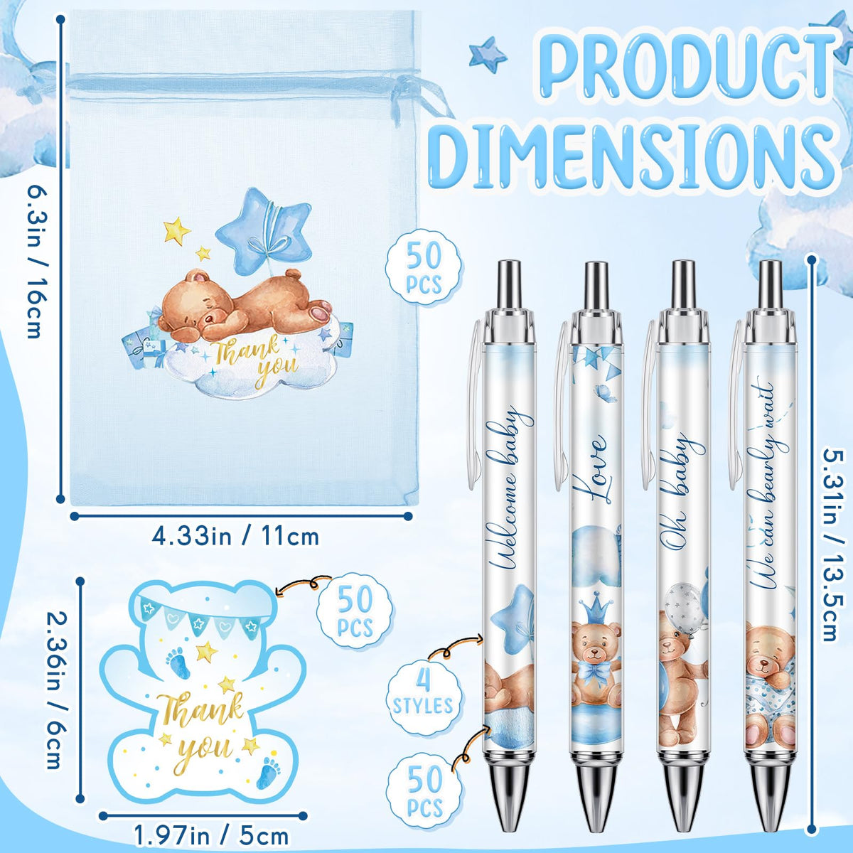 Chuangdi 50 Sets Baby Shower Favors Gifts for Guests Includes 50 Pcs Ballpoint Pens, Thank You