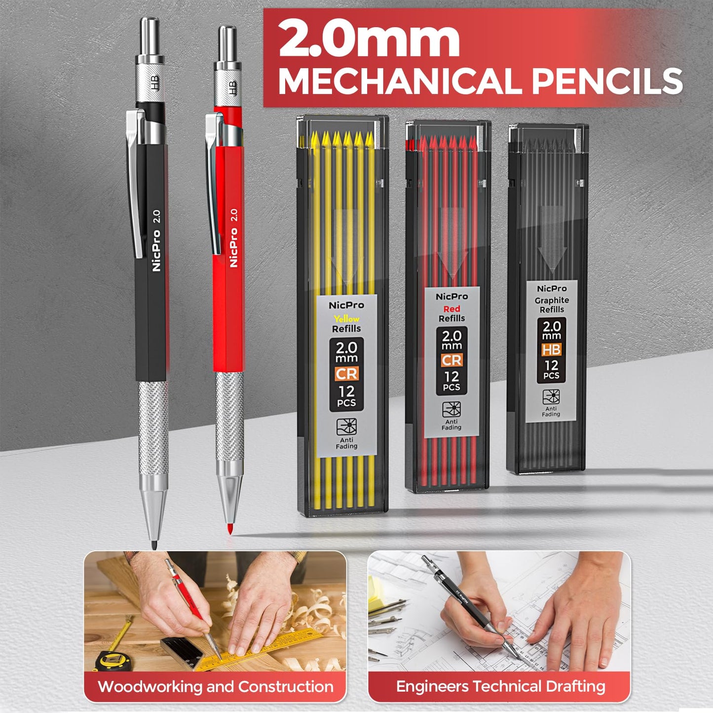 Nicpro 24PCS CP3000 Mechanical Carpenter Pencil Set with Sharpener & Sheath