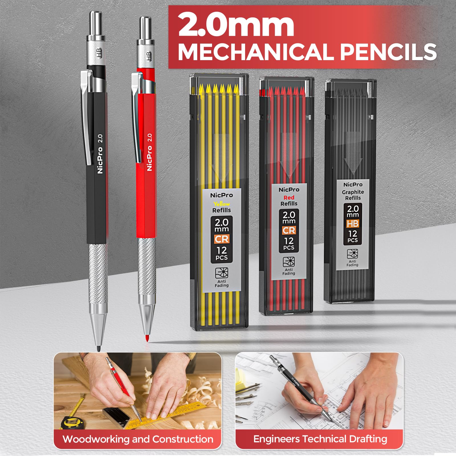 Nicpro 24PCS CP3000 Mechanical Carpenter Pencil Set with Sharpener & Sheath