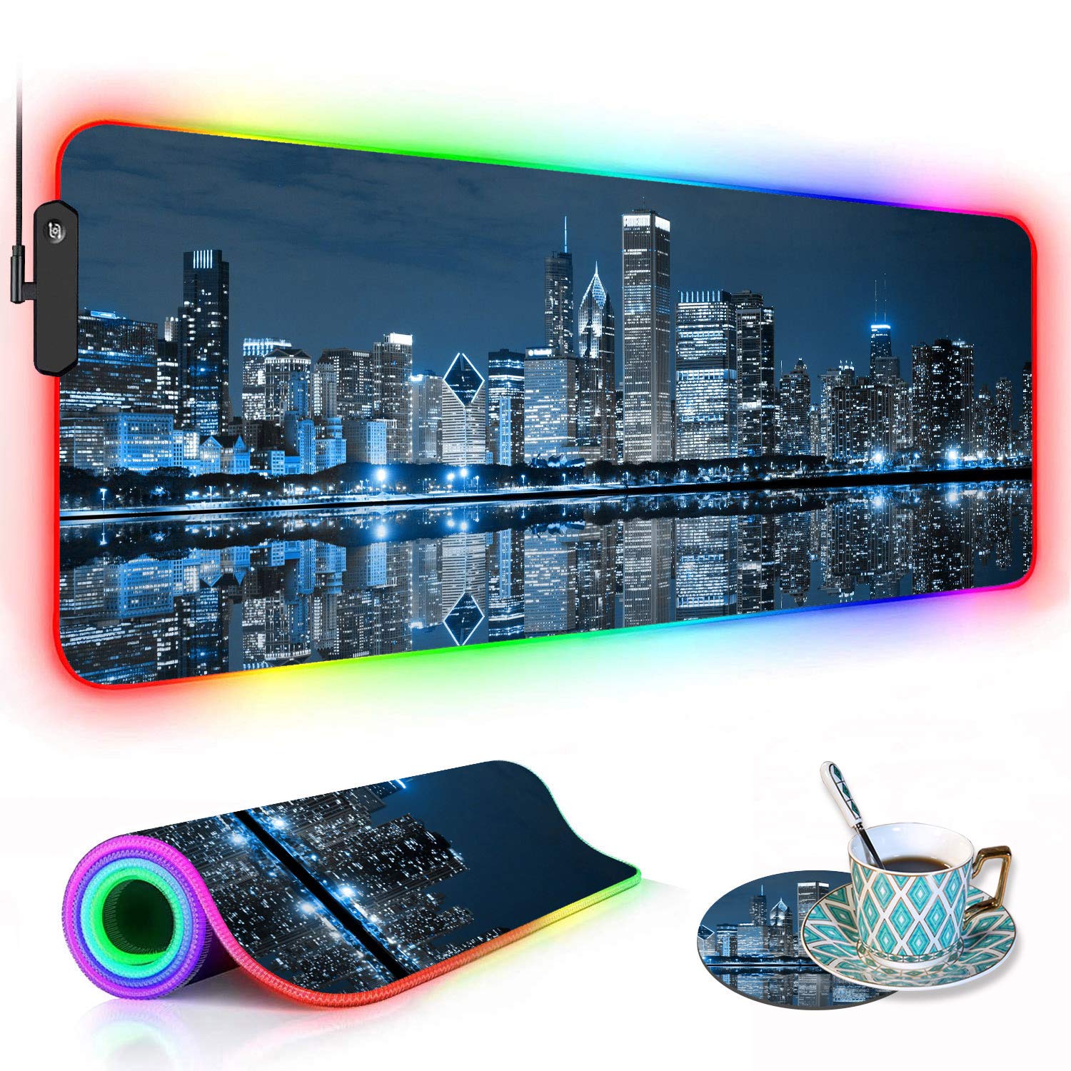 RGB Gaming Mouse Pad with Coffee Coaster, XXL Large Glowing LED Mousepad, Anti-Slip Rubber Base