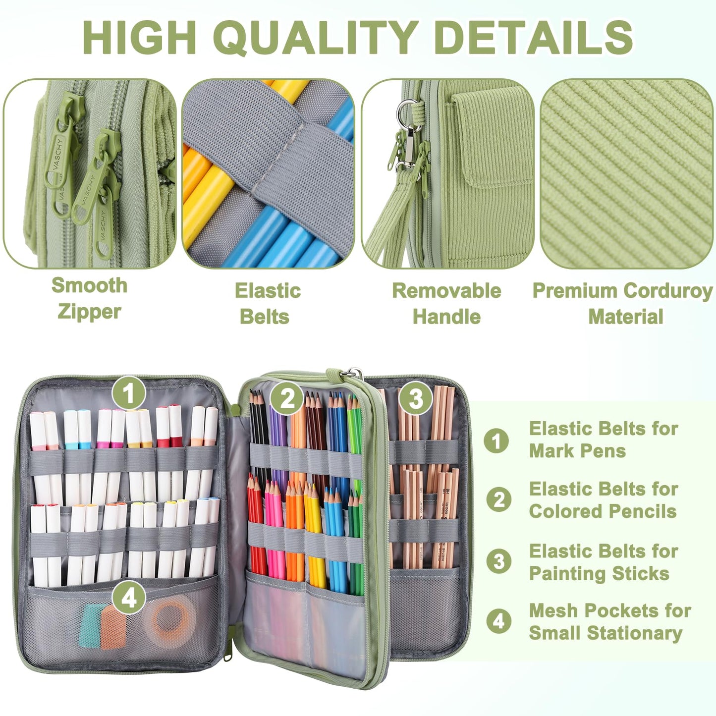 VASCHY Colored Pencil Case, Corduroy Large Pencil Pouch for Art Pens Markers Gel Pens Big Holder