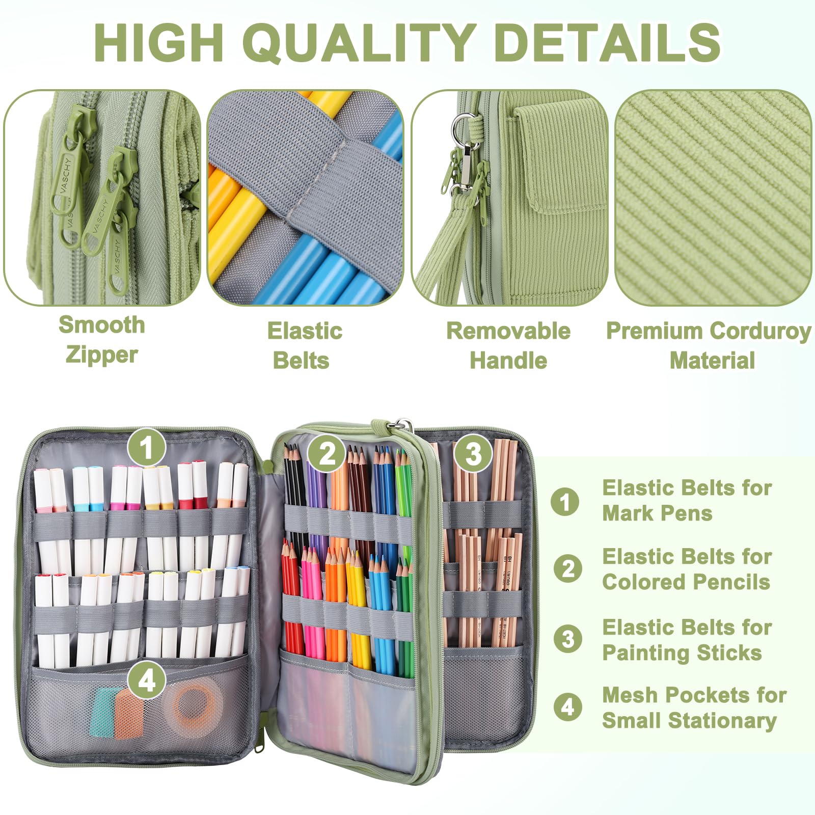 VASCHY Colored Pencil Case, Corduroy Large Pencil Pouch for Art Pens Markers Gel Pens Big Holder