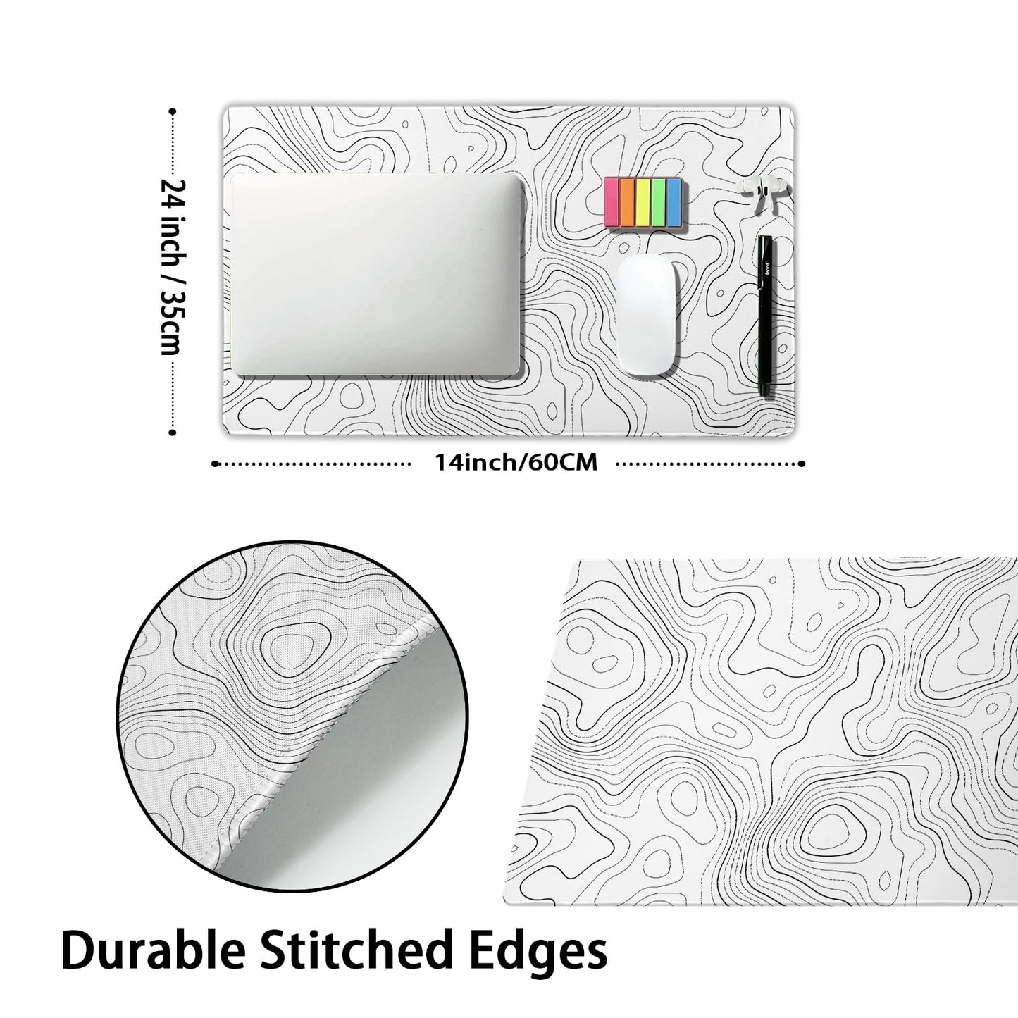 Topographic Map Mouse Pad Large White Lines Contour Geographic Extended Desk Mat 60x35 CM Non-Slip