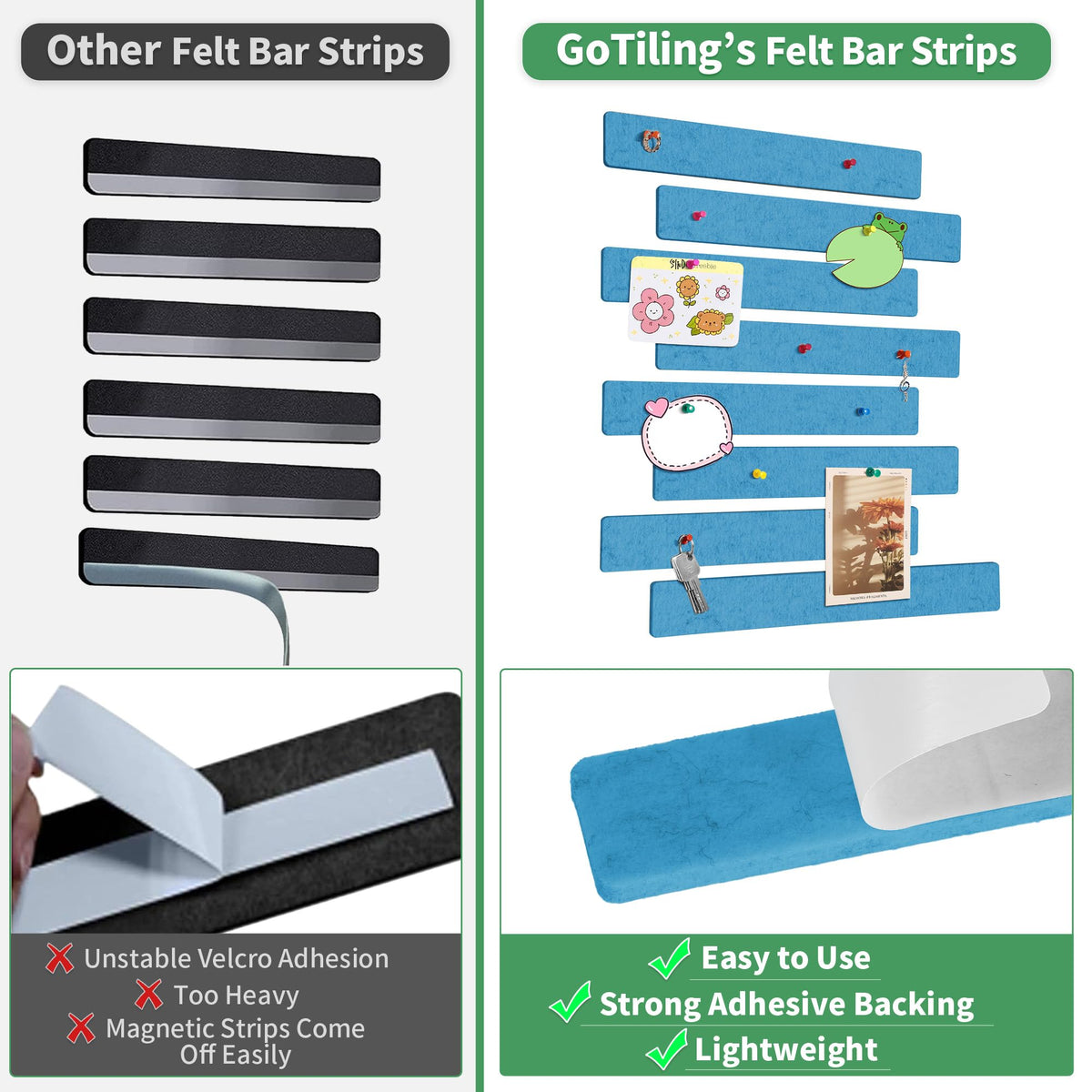 Cork Board for Walls - 8 Pack Felt Pin Board Bar Strips - Self-Adhesive Lightweight Bulletin Board