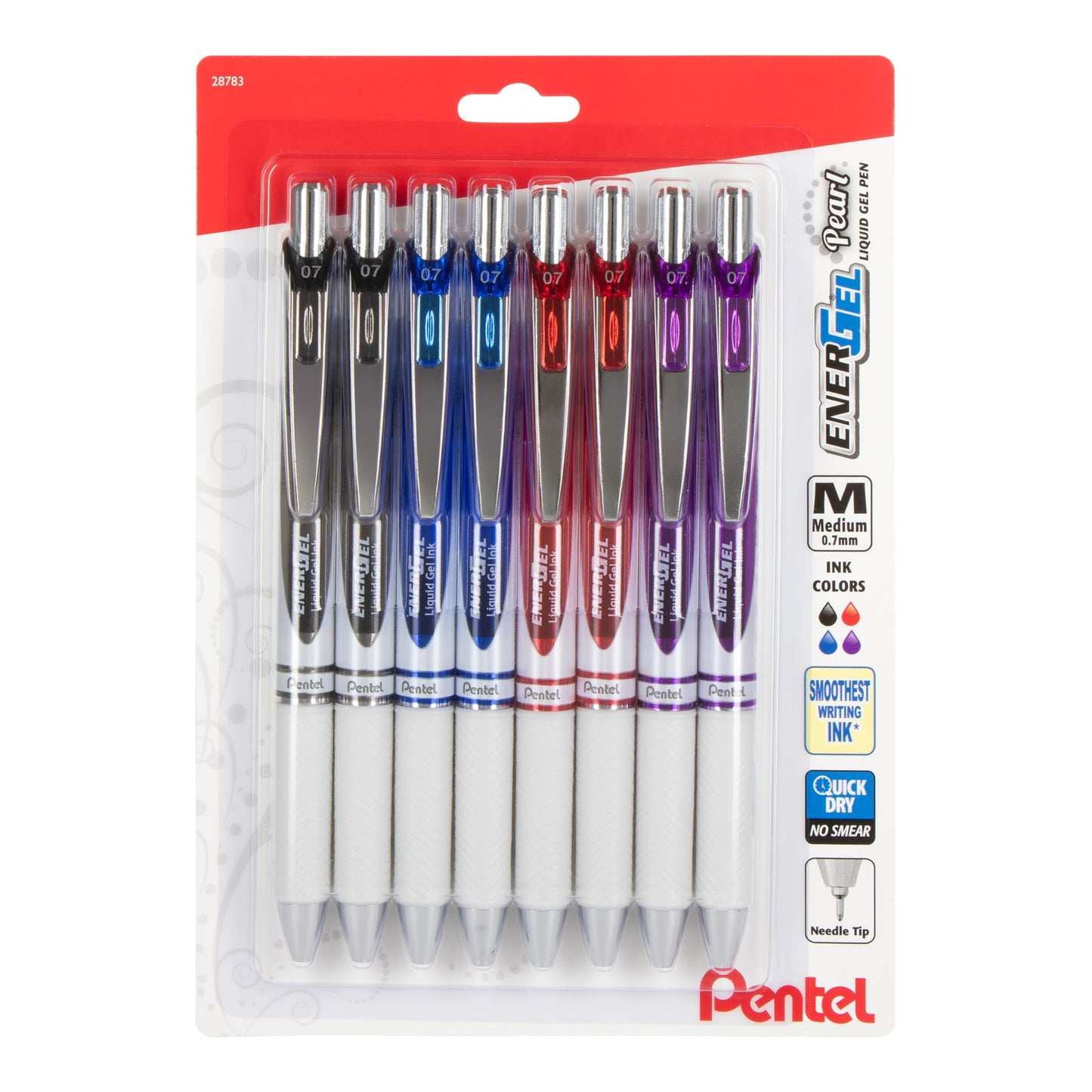 Pentel EnerGel Pearl Retractable Liquid Gel Pen, Needle Tip, 0.7mm, Medium Line, Assorted Ink, 8-Pk