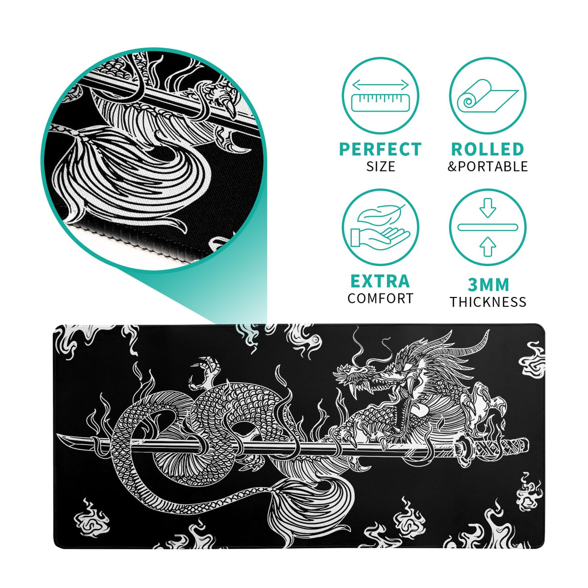 Dragon Gaming Mouse Pad - Black, Large (31.5x11.8 Inch), Non-Slip Base, Stitched Edge for Gaming &