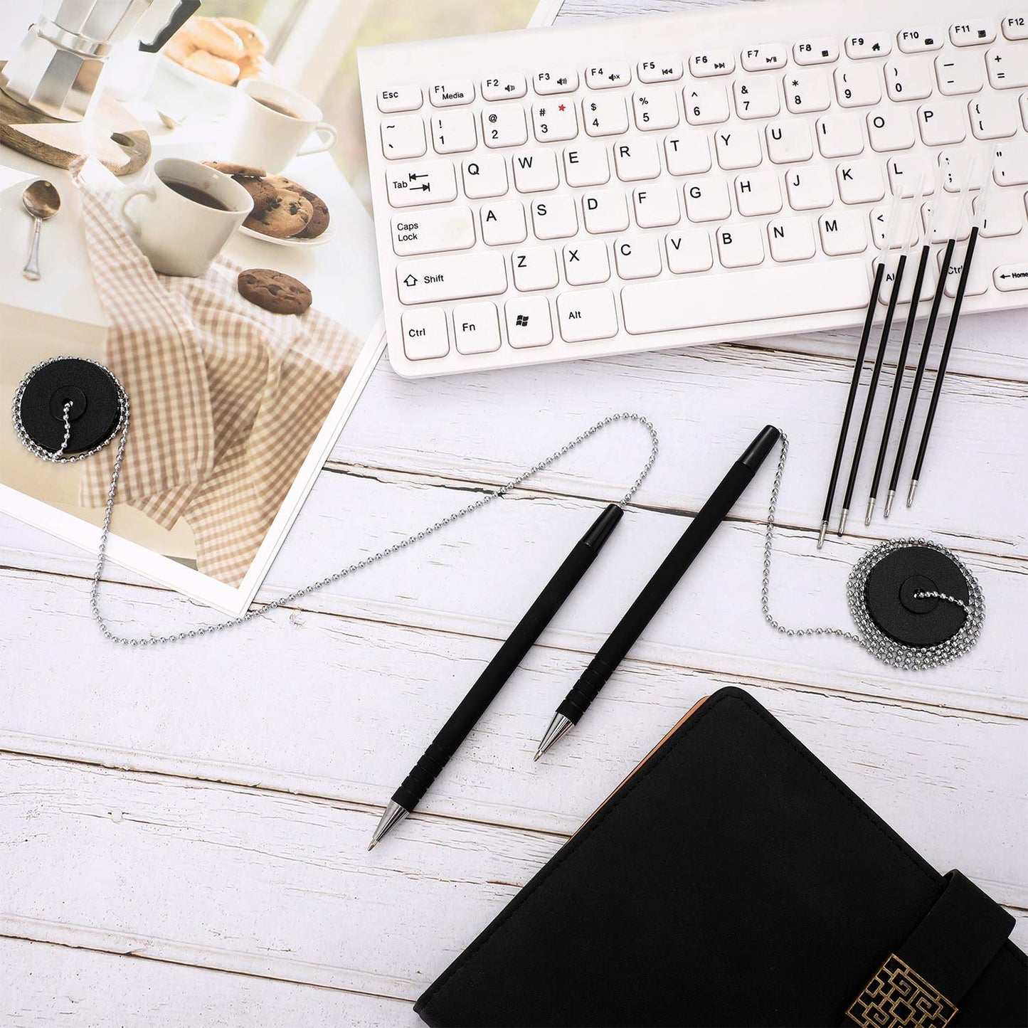 Outus 32 Pcs Security Pens with Bead Chain Holder, Counter Desk Pens Black