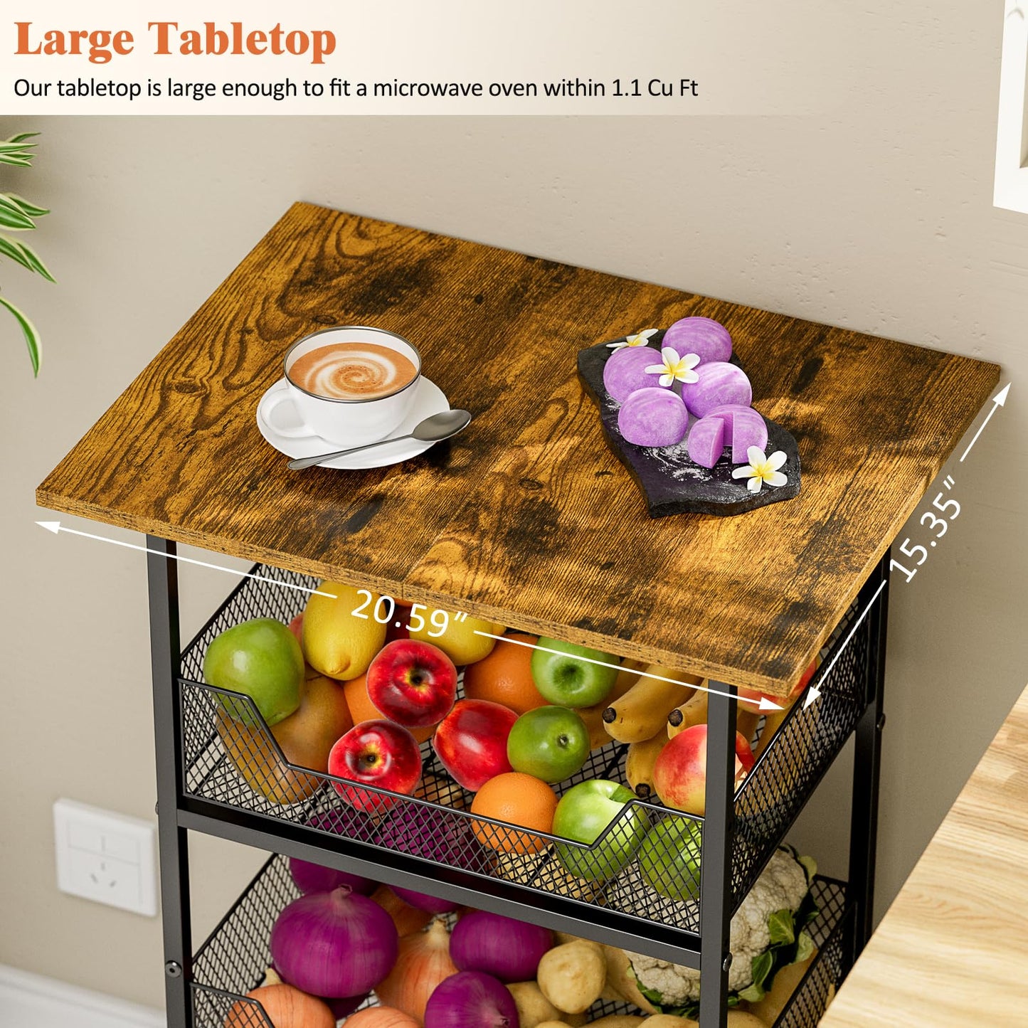 ThreeHio Rolling Kitchen Microwave Cart with Fruit Baskets, 4 Tier Microwave Table Stand with