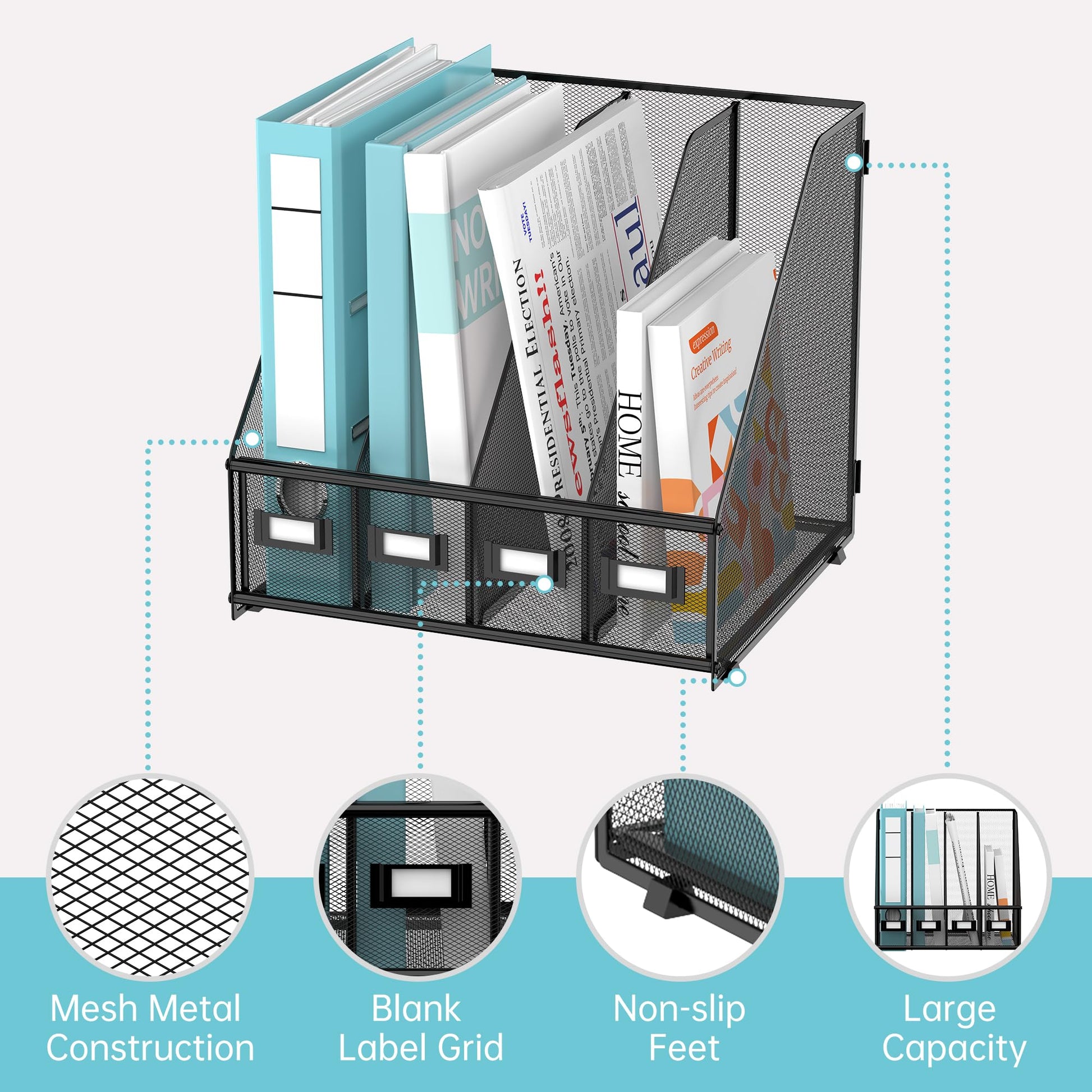 4-Compartment Magazine File Holder and File Organizer for Desk, Black