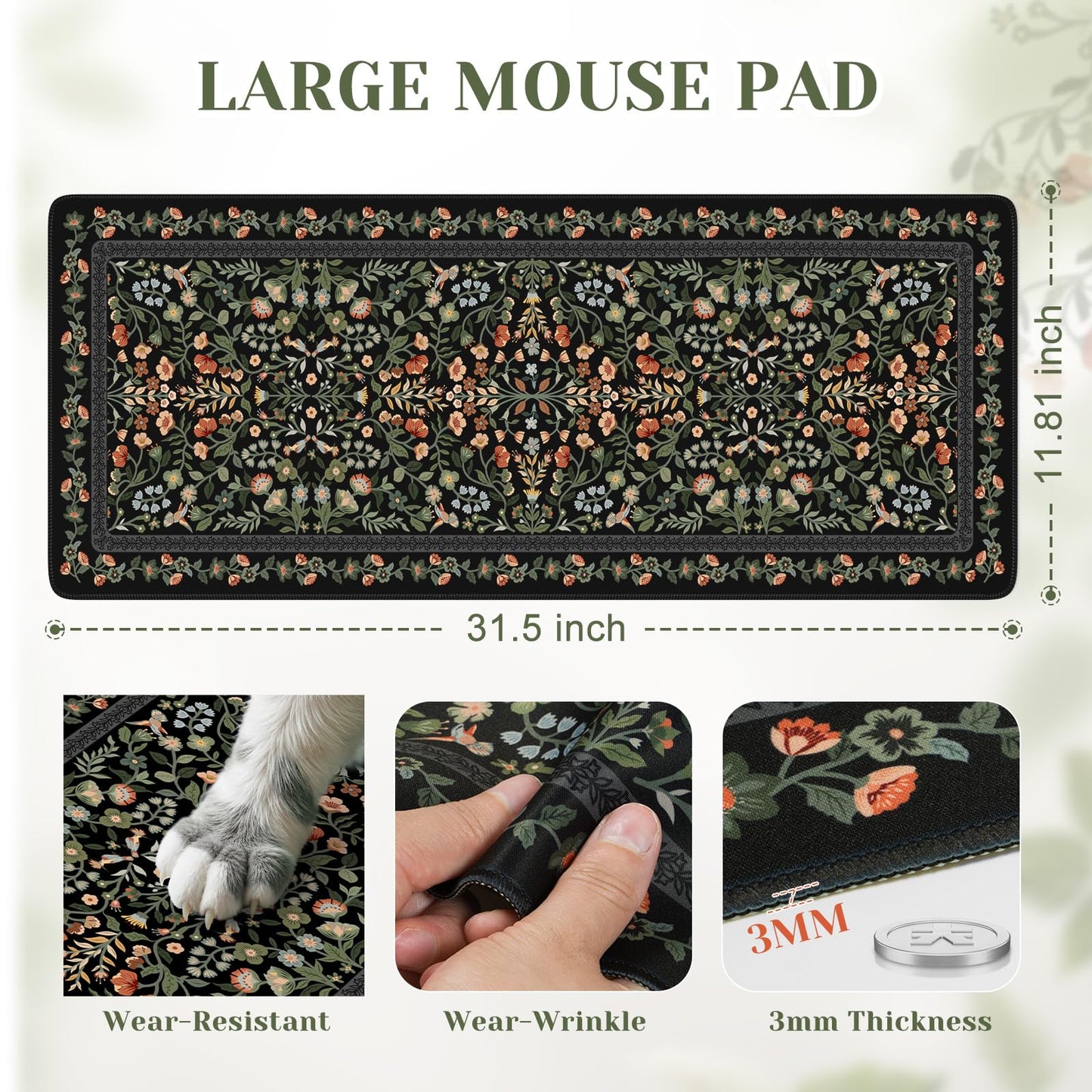 iCasso Aesthetic Floral Desk Mat,Retro Mouse Pads,31.5x11.8in, Black