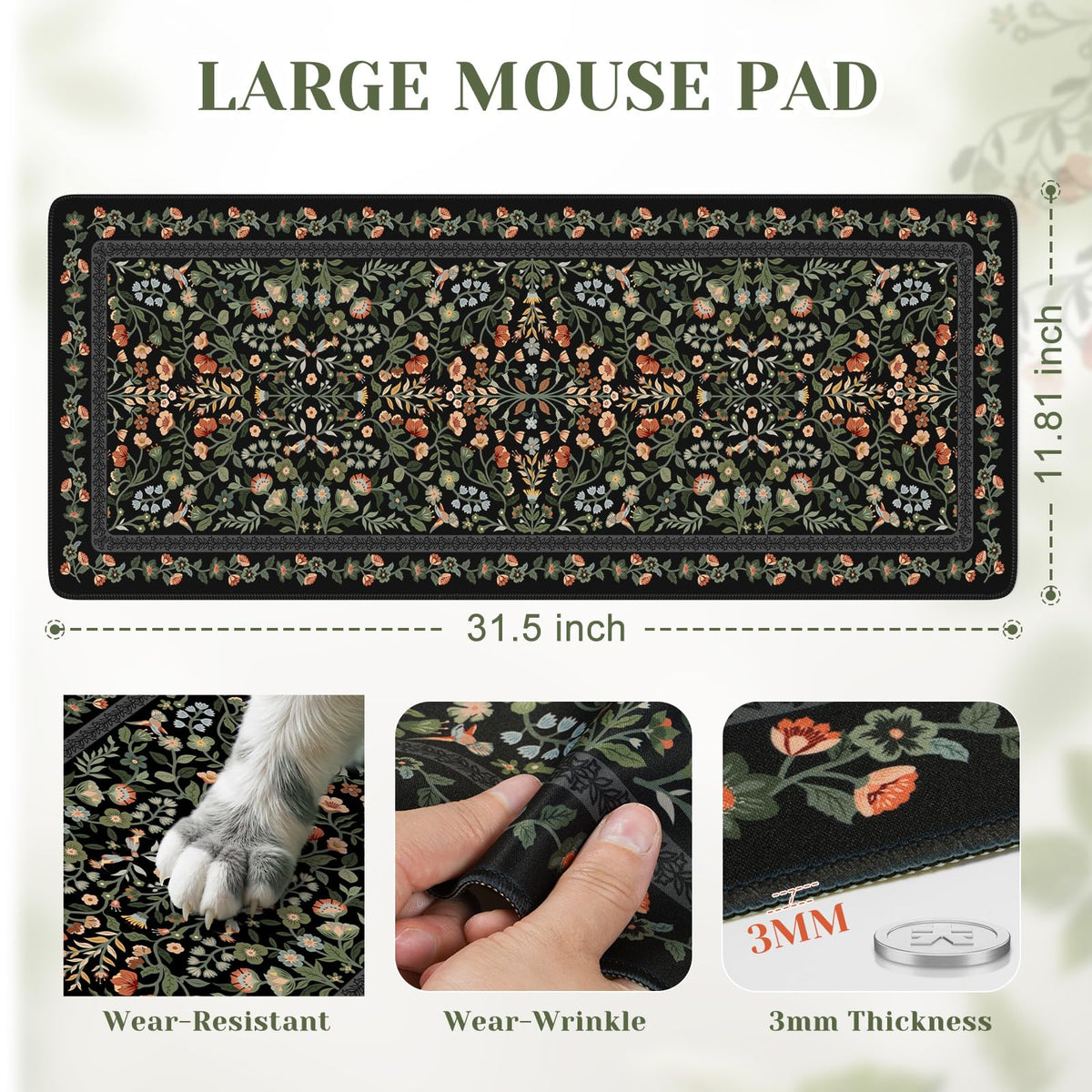 iCasso Aesthetic Floral Desk Mat,Retro Mouse Pads,31.5x11.8in, Black