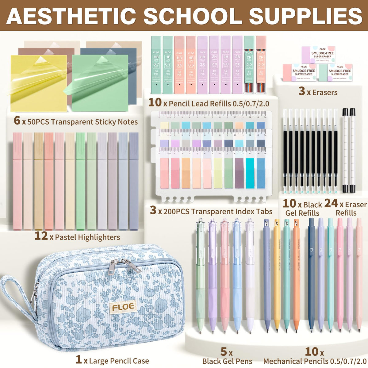 62PCS Aesthetic School Supplies Cute Back to School Supplies Stationary Set