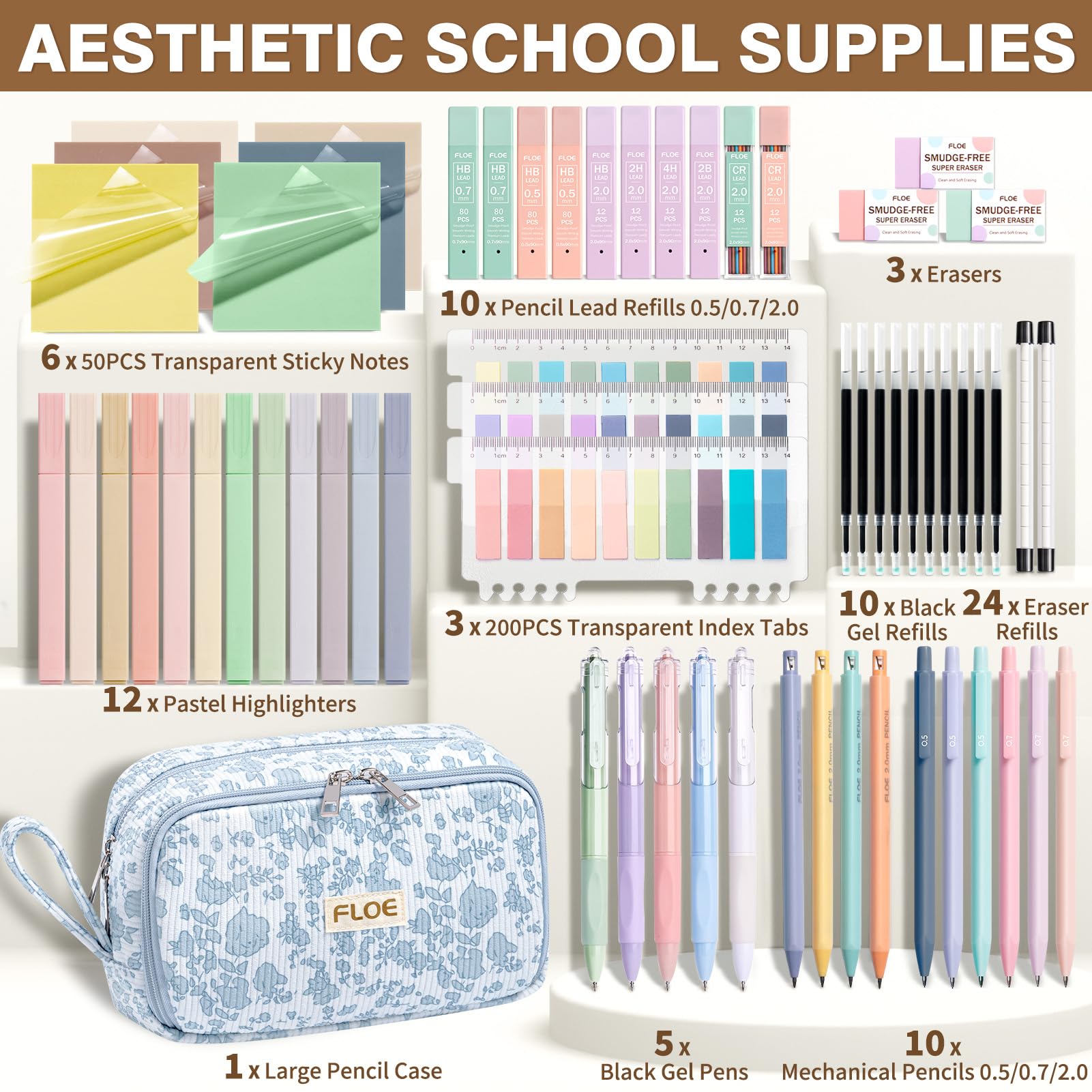 62PCS Aesthetic School Supplies Cute Back to School Supplies Stationary Set