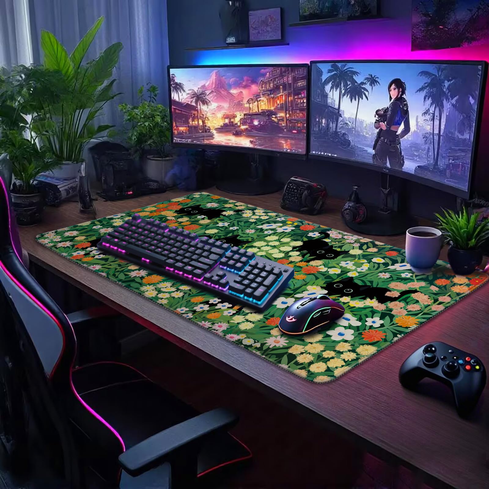 Mcapirivo Cute Flower Cat Large Gaming Mouse Pad Desk Mat 31.5"x15.7"