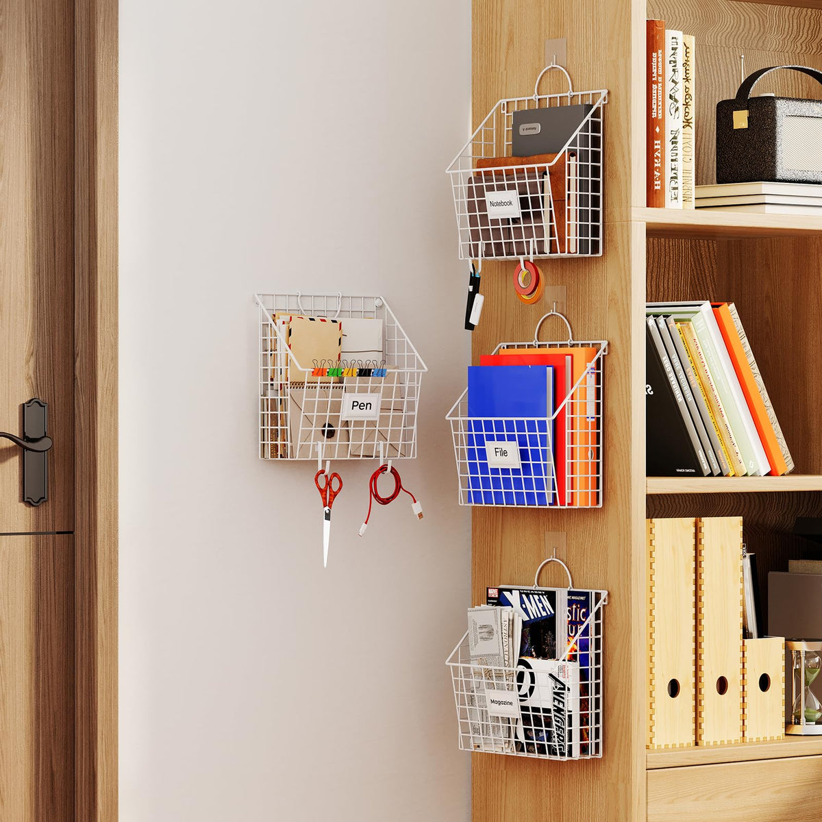 4 Packs Hanging Wall File Organizer with Hooks, Magazine Rack ,Mail Basket