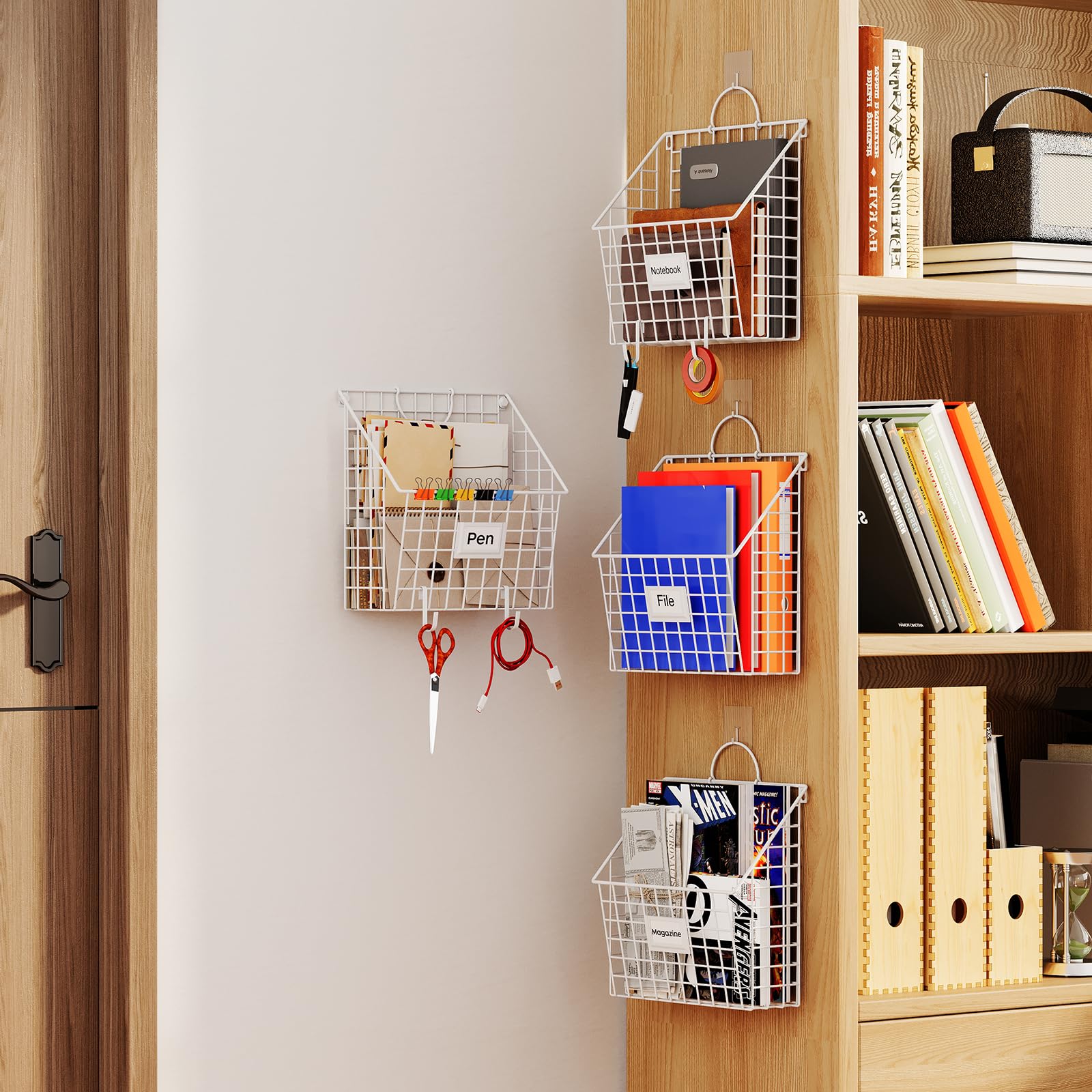 4 Packs Hanging Wall File Organizer with Hooks, Magazine Rack ,Mail Basket