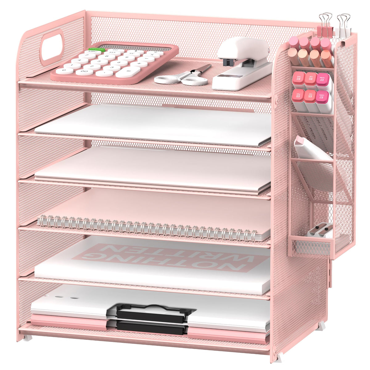 Supeasy 6 Tier Desk Organizer with 4 Pen Holders & Mesh Paper Trays Pink
