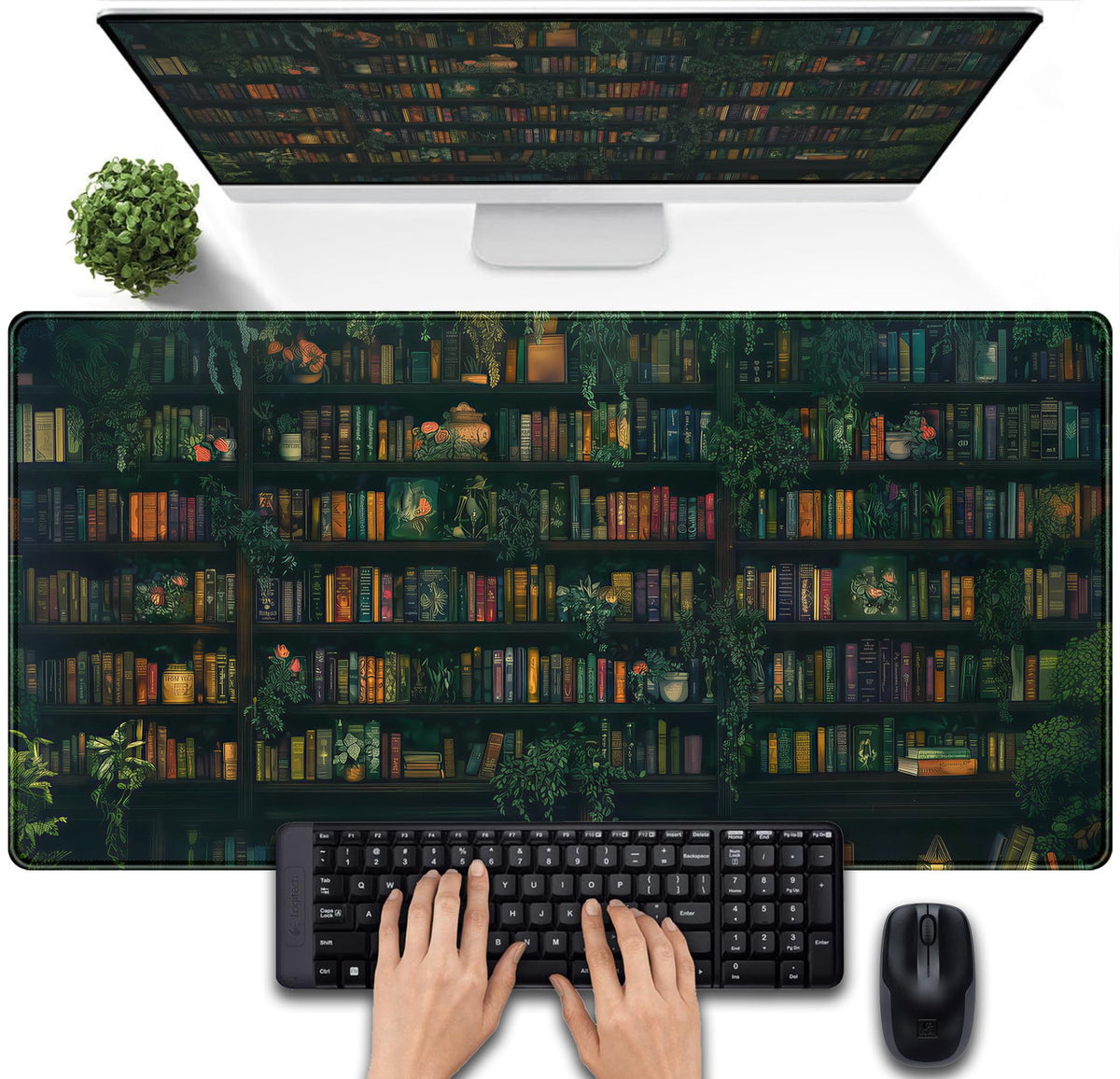 Green Leaves Desk Pad Extended Mouse Mat, Plant Bookshelf Gaming Desk Mat, Large Laptop Keyboard