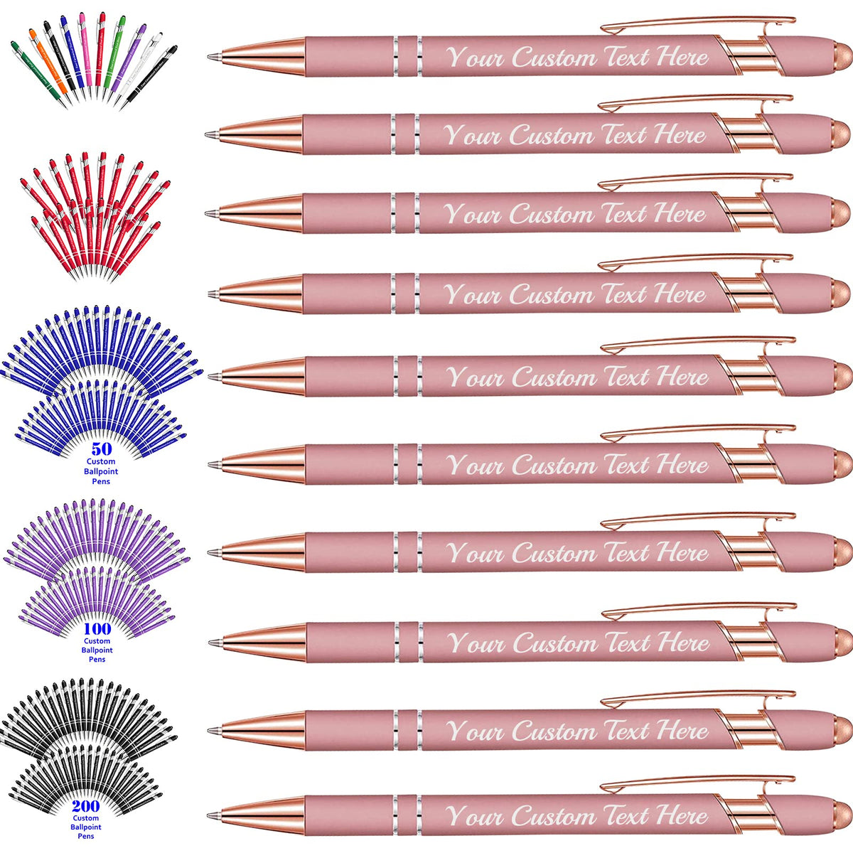 SeeWeLove 10 Pcs Personalized Pens in Bulk with Stylus Tip - Custom Rose Gold Pens with Name 0.5 mm