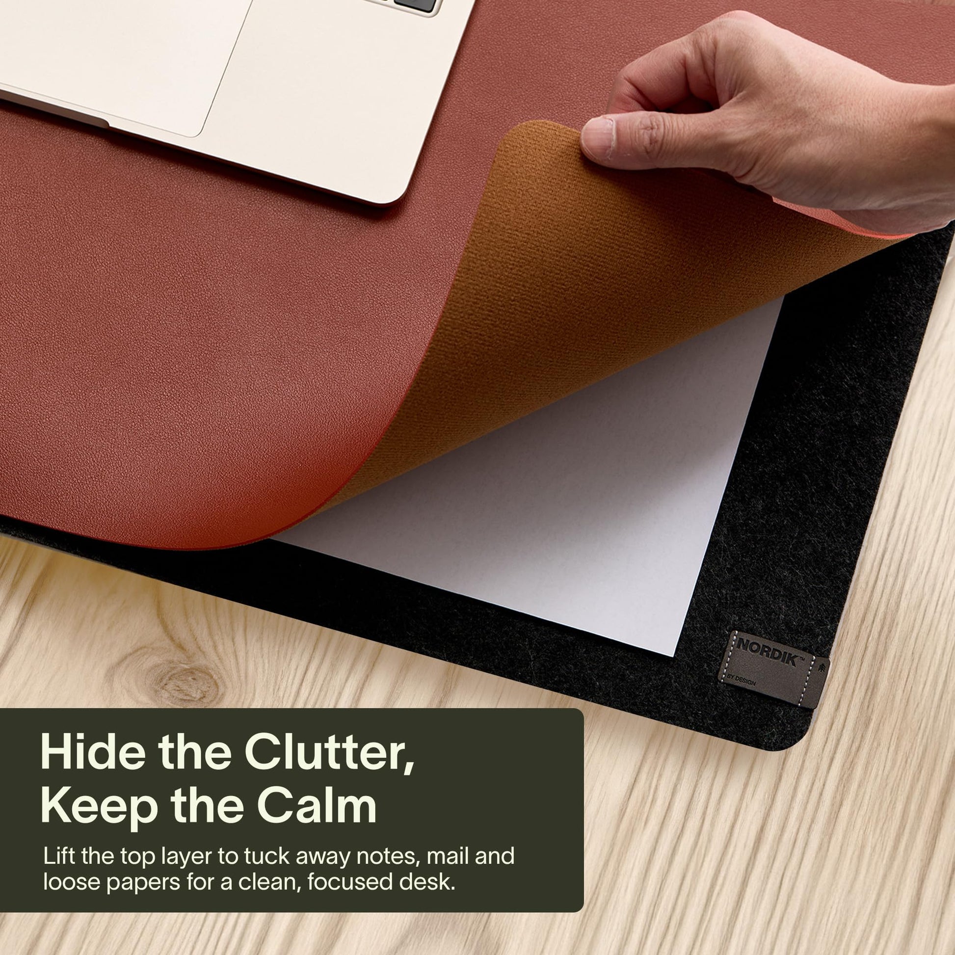 Nordik Felt and Leather Desk Mat - Dual Layer Emberwood Brown 35 x 17 in