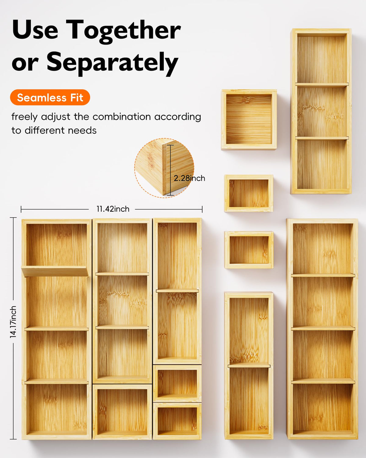 VA1KENE Bamboo Drawer Organizer Set, 6 PCS Trays with 12 Compartments