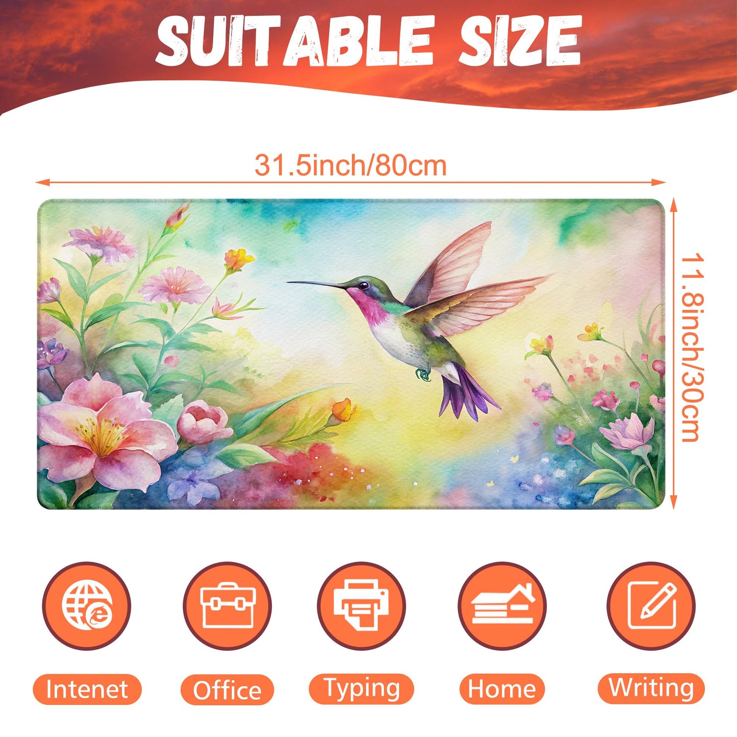 KOAIWPAE Large Gaming Mouse Pad for Desk, Watercolor Flying Hummingbird Desk Mat, Beautiful Garden