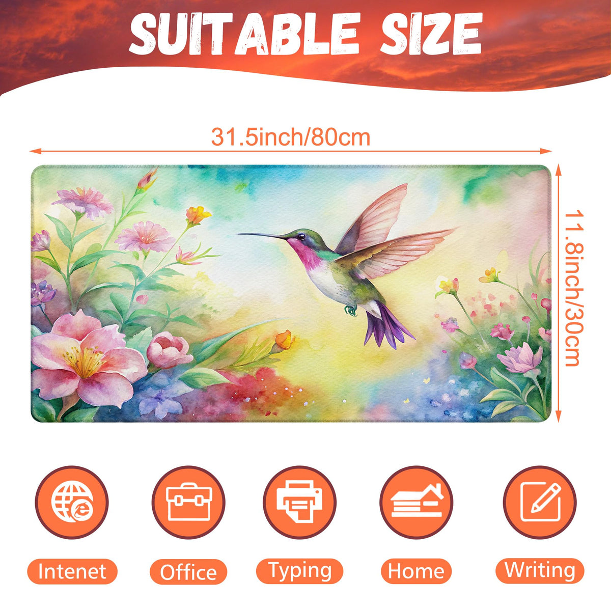 KOAIWPAE Large Gaming Mouse Pad for Desk, Watercolor Flying Hummingbird Desk Mat, Beautiful Garden