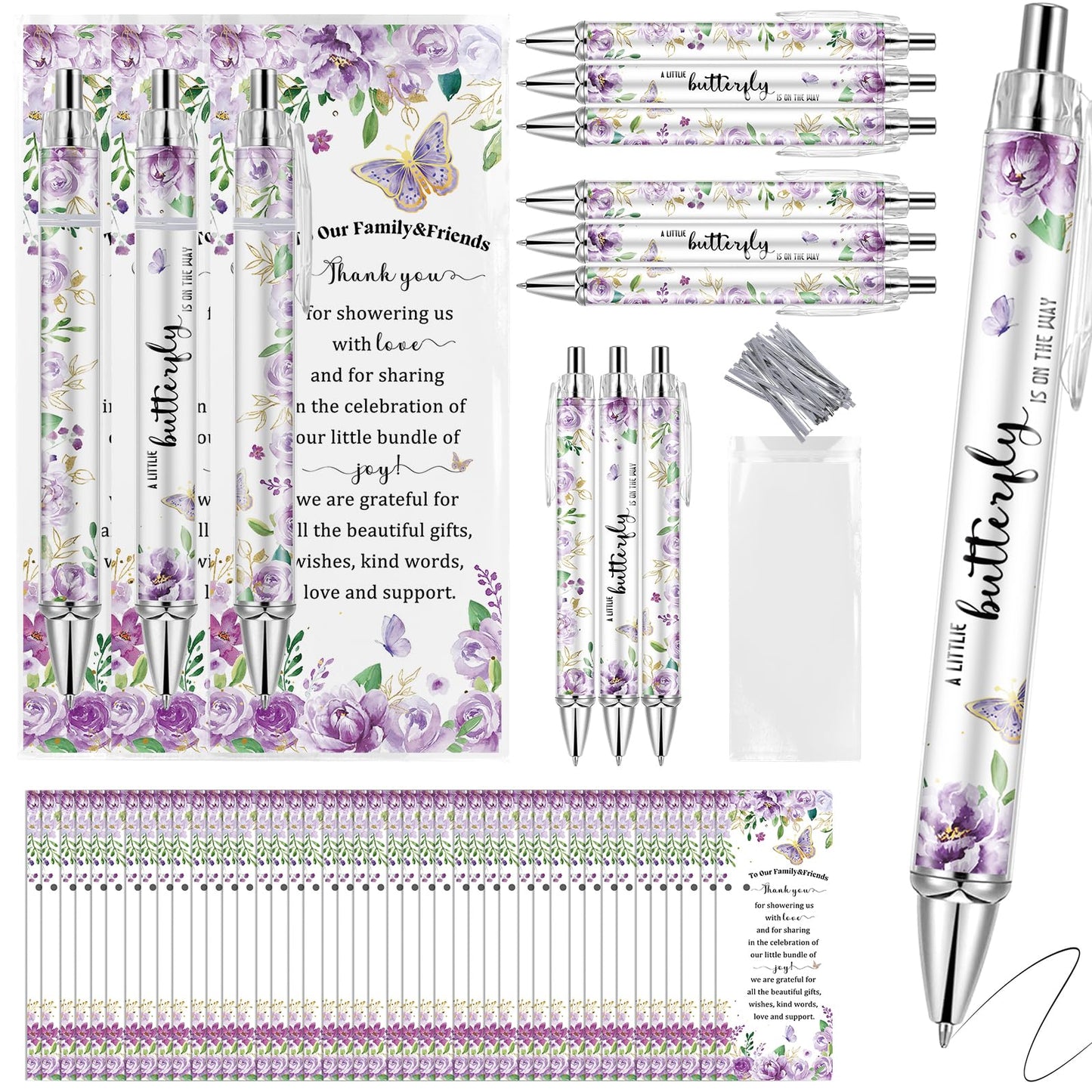 Lebsitey 50 Sets Purple Butterfly Theme Baby Shower Favors for Guest, Gender Reveal Party pens