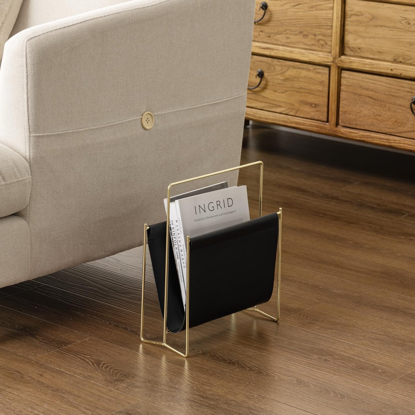 MyGift Black Leatherette Magazine Holder with Gold Metal Frame, 13 Inch