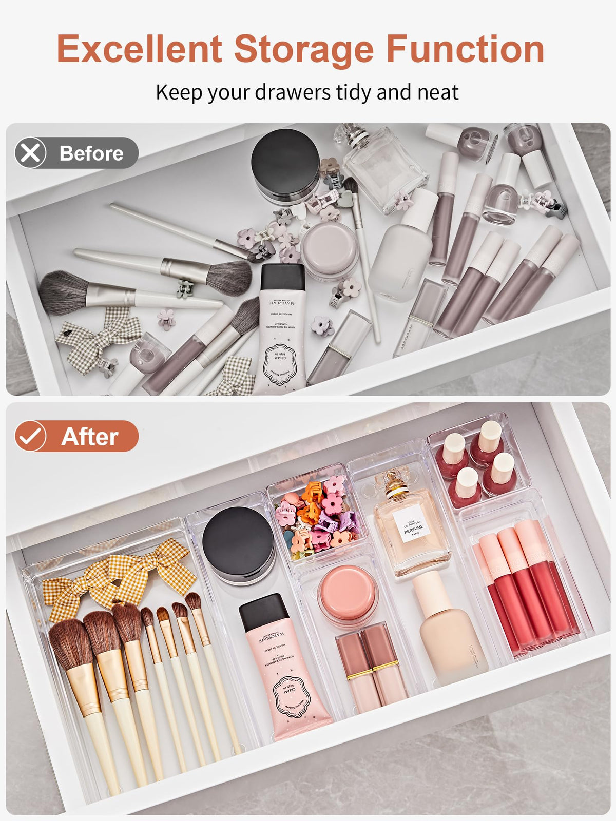 SMARTAKE 37 PCS Drawer Organizer 4 Size Desk Makeup Drawer Organizer Clear