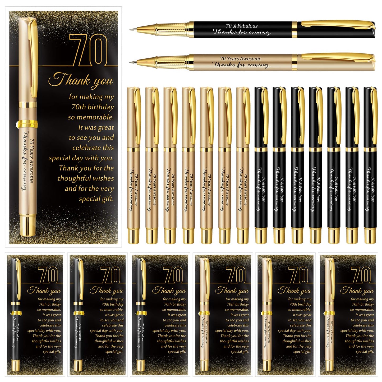Feifeiya 50 Set 70th Birthday Favors with Black Gold Pens Cards