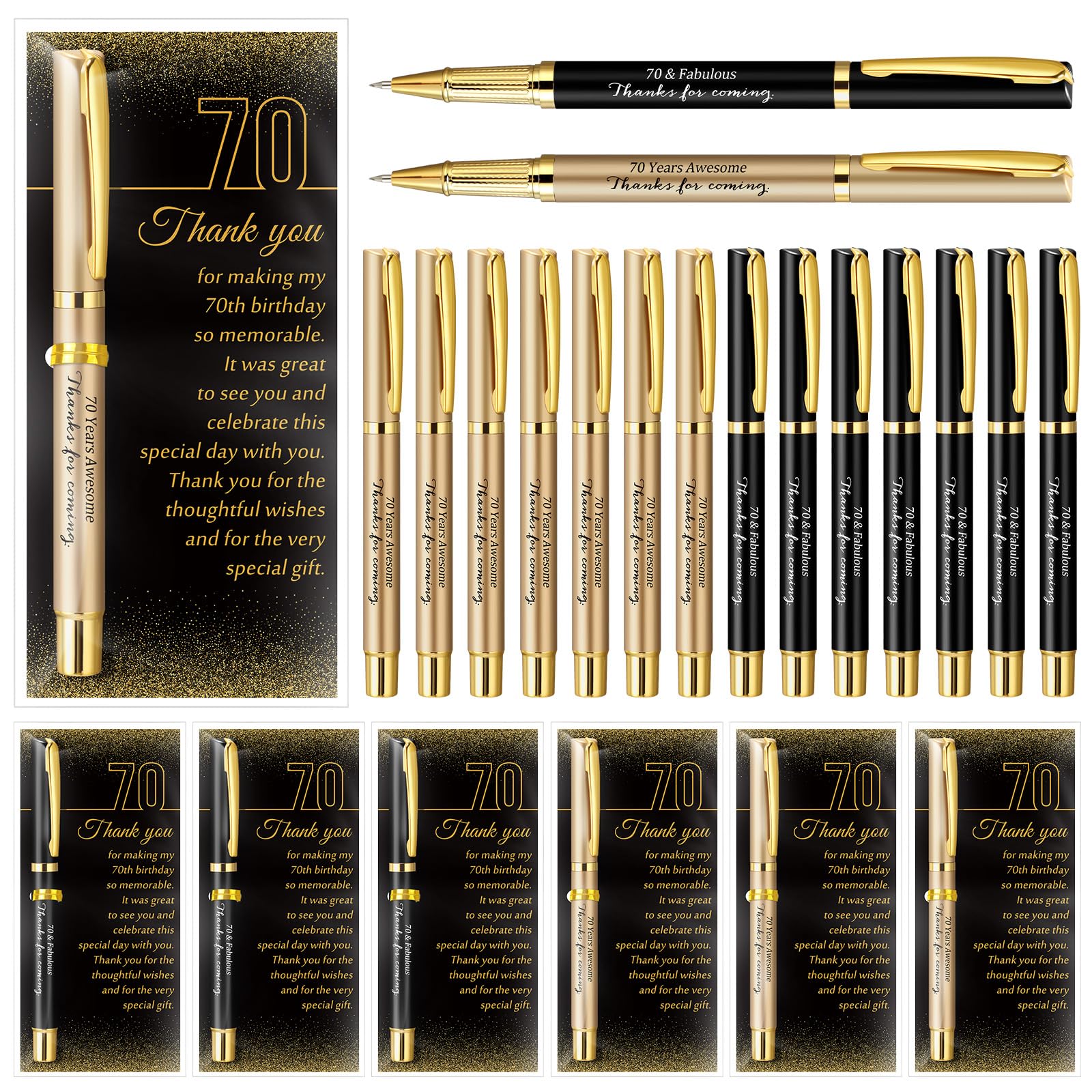 Feifeiya 50 Set 70th Birthday Favors with Black Gold Pens Cards