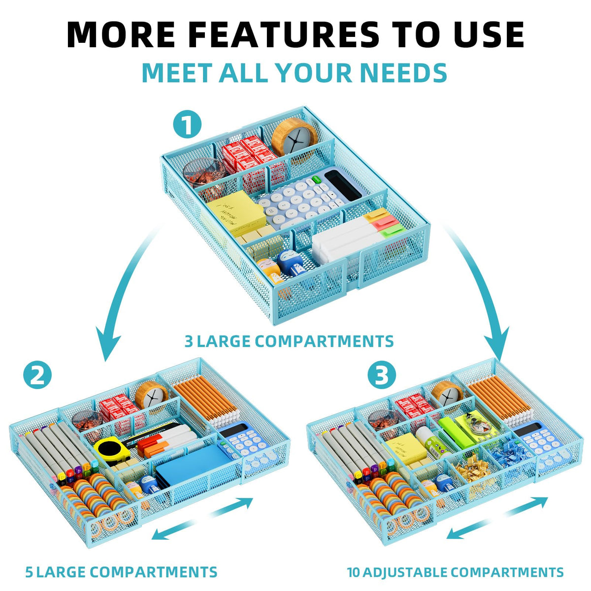 Marbrasse Expandable Desk Drawer Organizer, Mesh Drawer Organizer Tray with 10 Adjustable