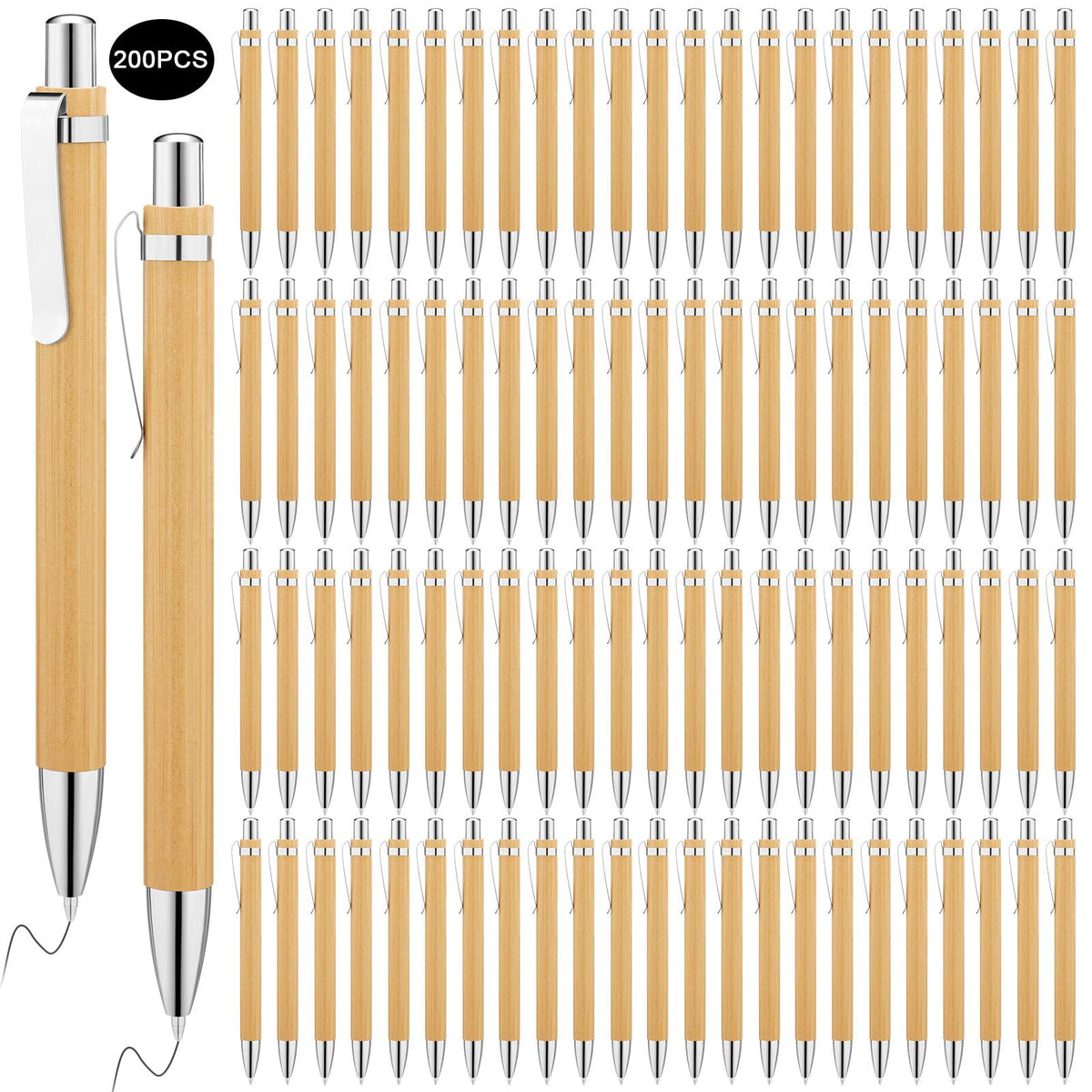 SATINIOR 200 Pcs Bamboo Pen Bulk Engraving Wooden Retractable Pen Ballpoint